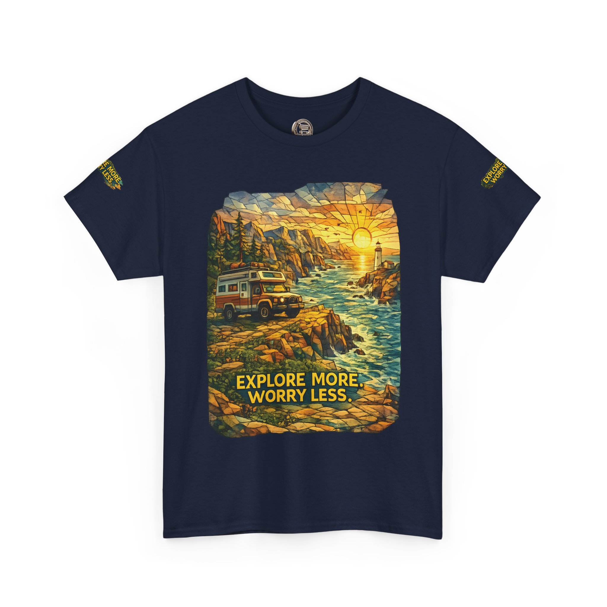 Unisex Heavy Cotton Tee — "Explore More Worry Less" Design Cubic-Line