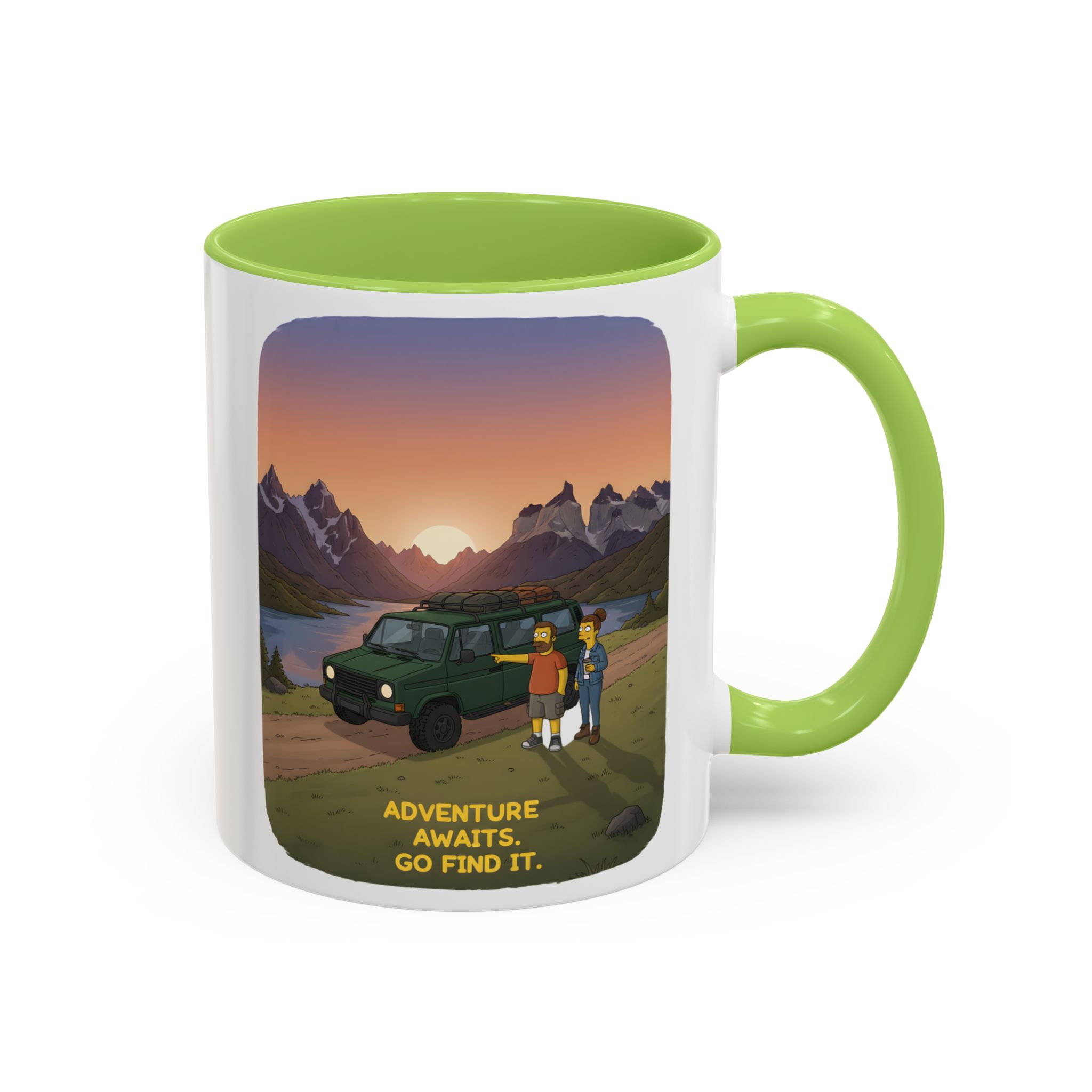Accent Coffee Mug (11, 15oz) — "Adventure Awaits-Go Find It" Design Sitcom-Line