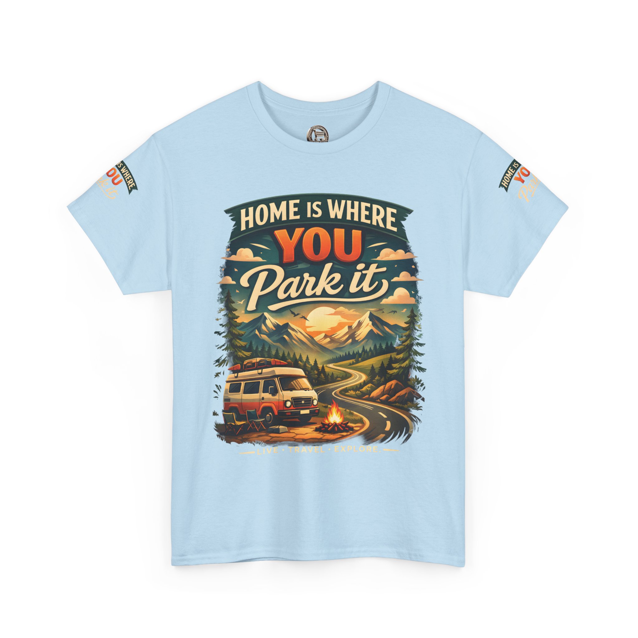 Unisex Heavy Cotton Tee — "Hom Is Where You Park It" Design Scenic-Line