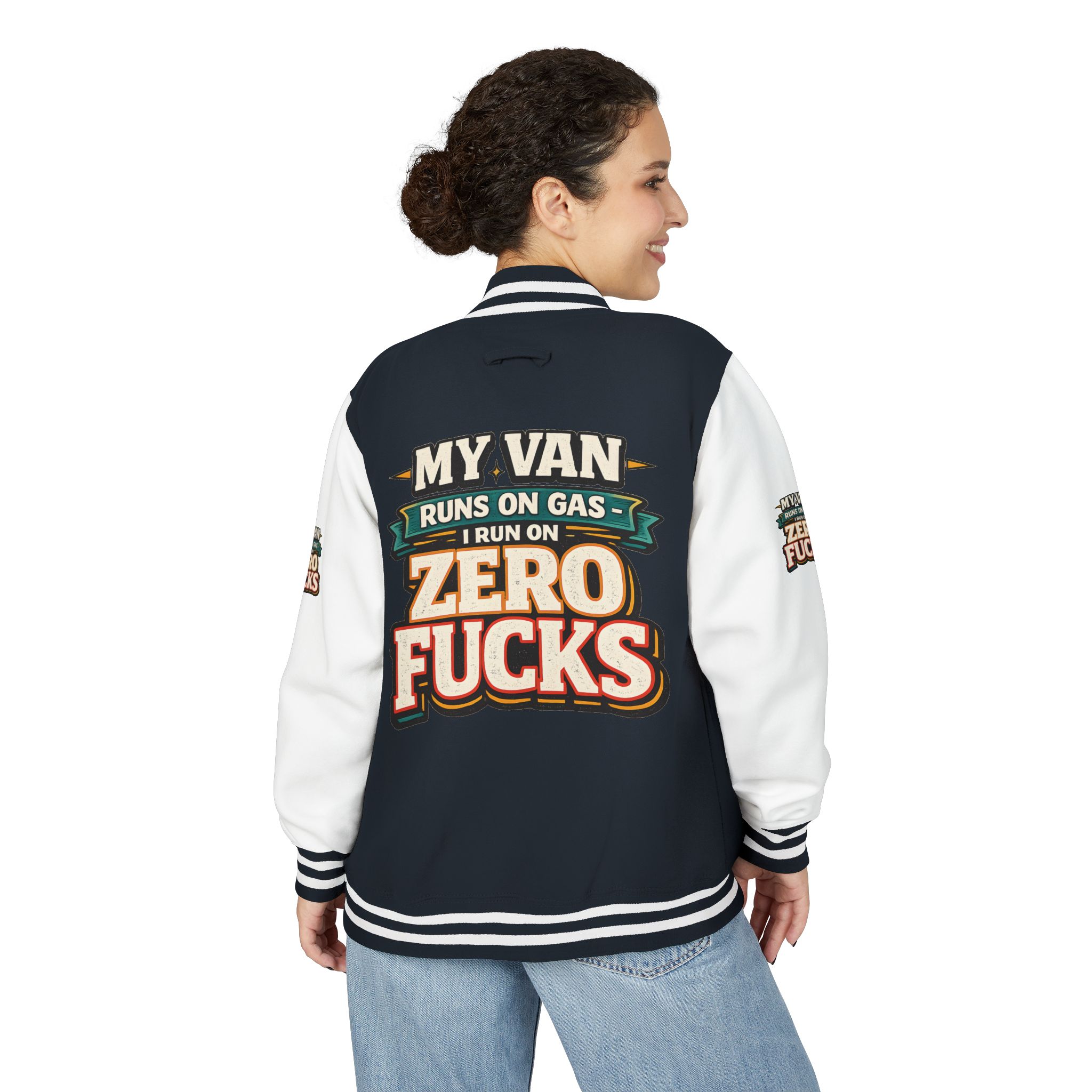Unisex Heavyweight Letterman Jacket — "My Van Runs On Gas" Design F**K-Line