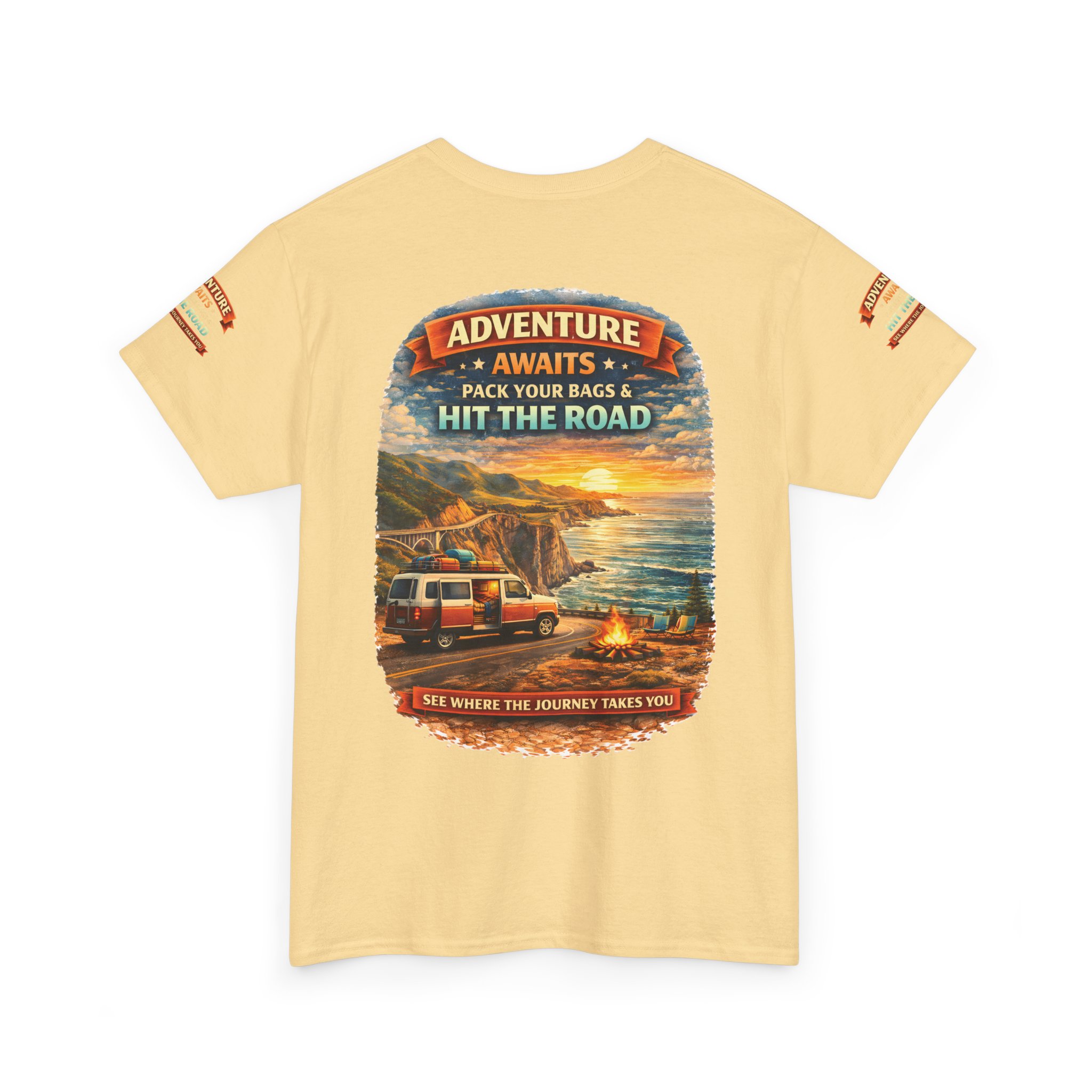 Unisex Heavy Cotton Tee — "Adventure Awaits-Pack Your Bags" Design Scenic-Line