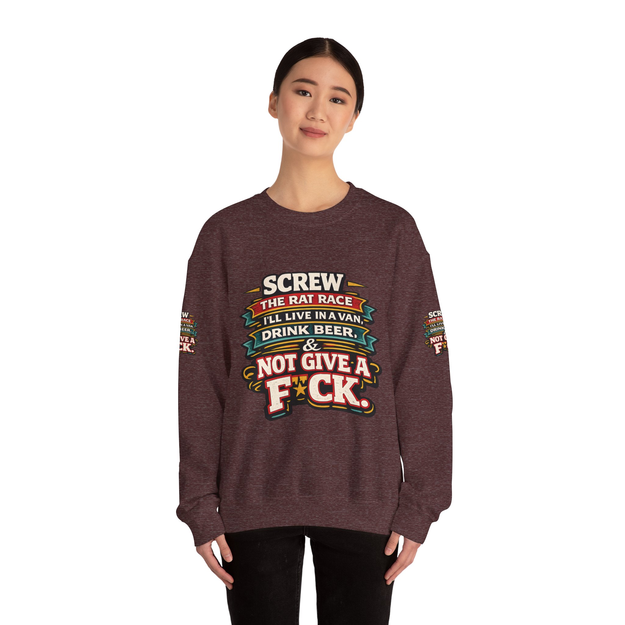 Unisex Heavy Blend™ Crewneck Sweatshirt — "Screw The Rat Race" Design F**K-Line