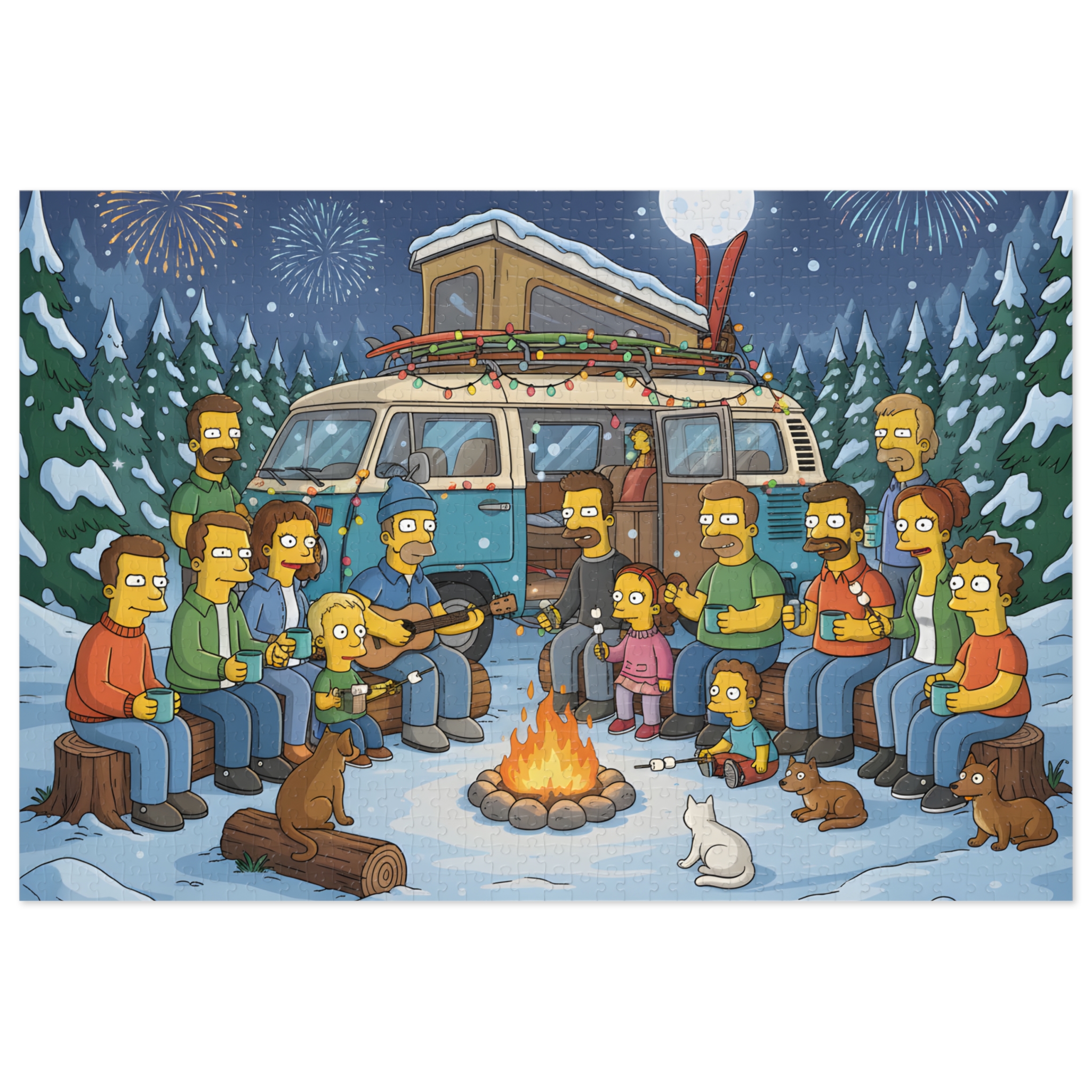 Jigsaw Puzzle with Tin — Winter Campfire Scene