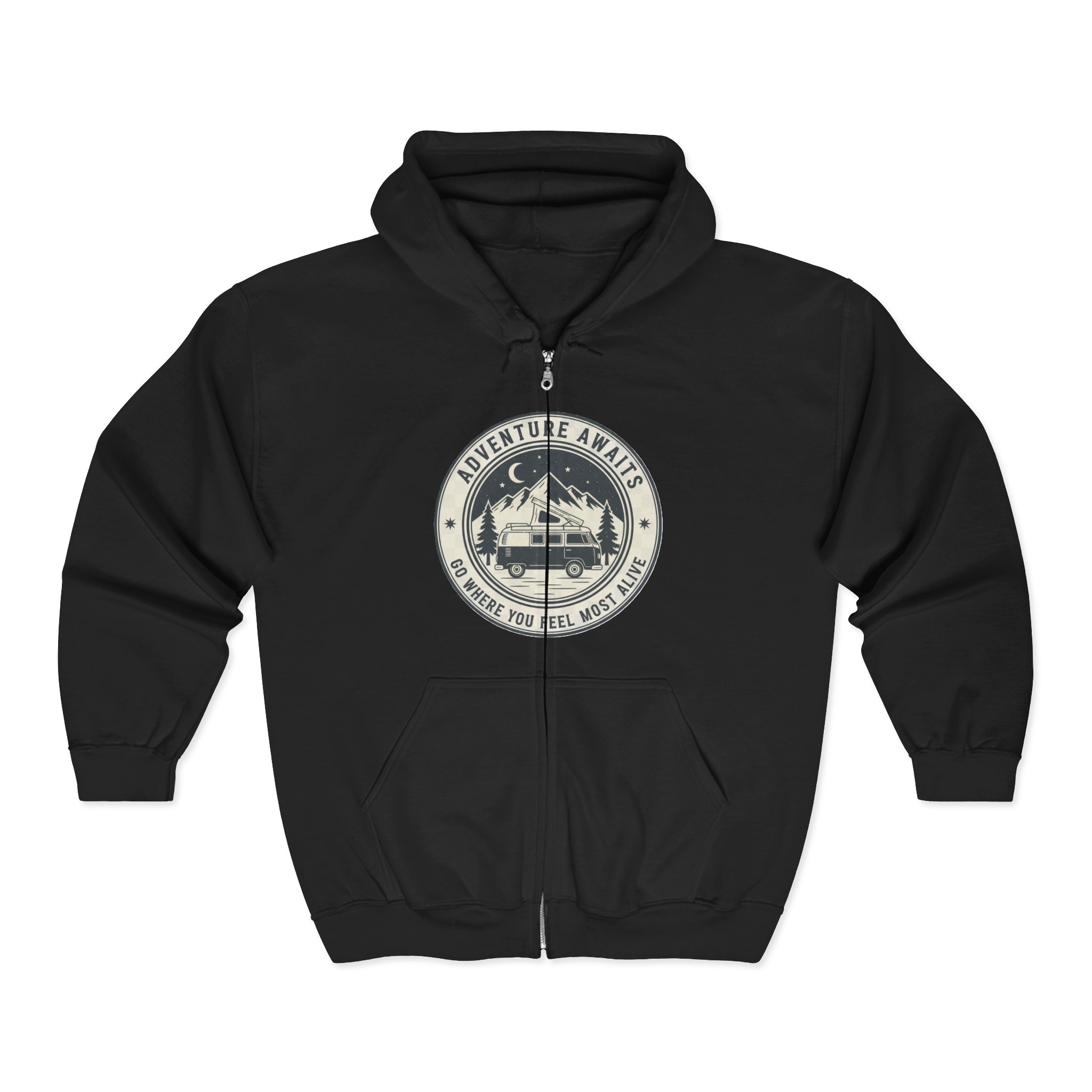Zip Hoodie — "Adventure Awaits-Go Where You Feel Most Alive" (Only Front Printed) Camper Van Adventure Zip-Up