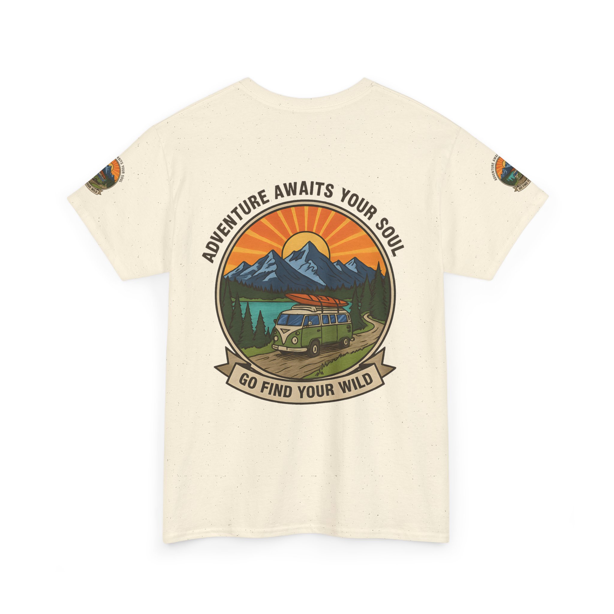 Unisex Heavy Cotton Tee — “Adventure Awaits Your Soul: Go Find Your Wild” Van & Mountain Graphic