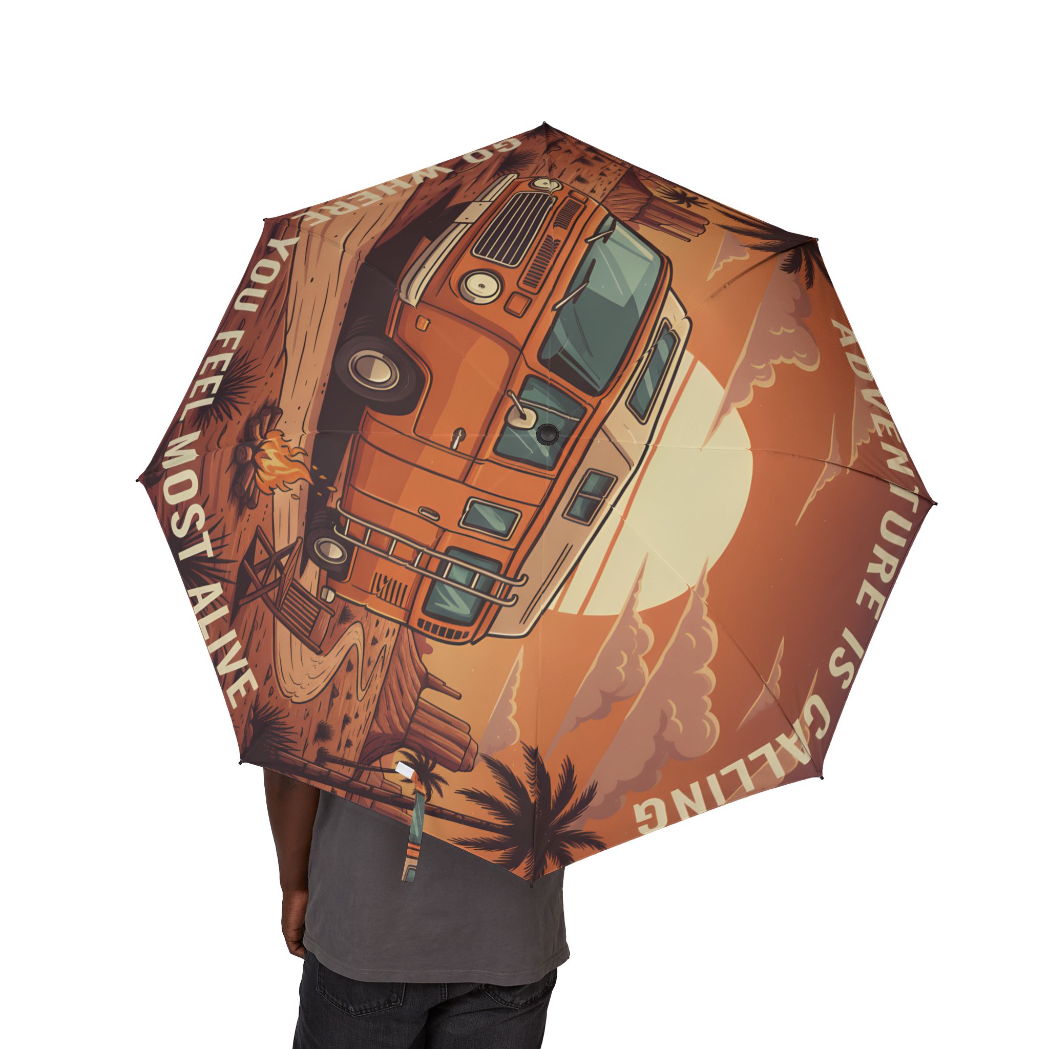 Semi-Automatic Foldable Umbrella — "Adventure Is Calling-Go Where You feel Most Alive" Vintage Adventure Print