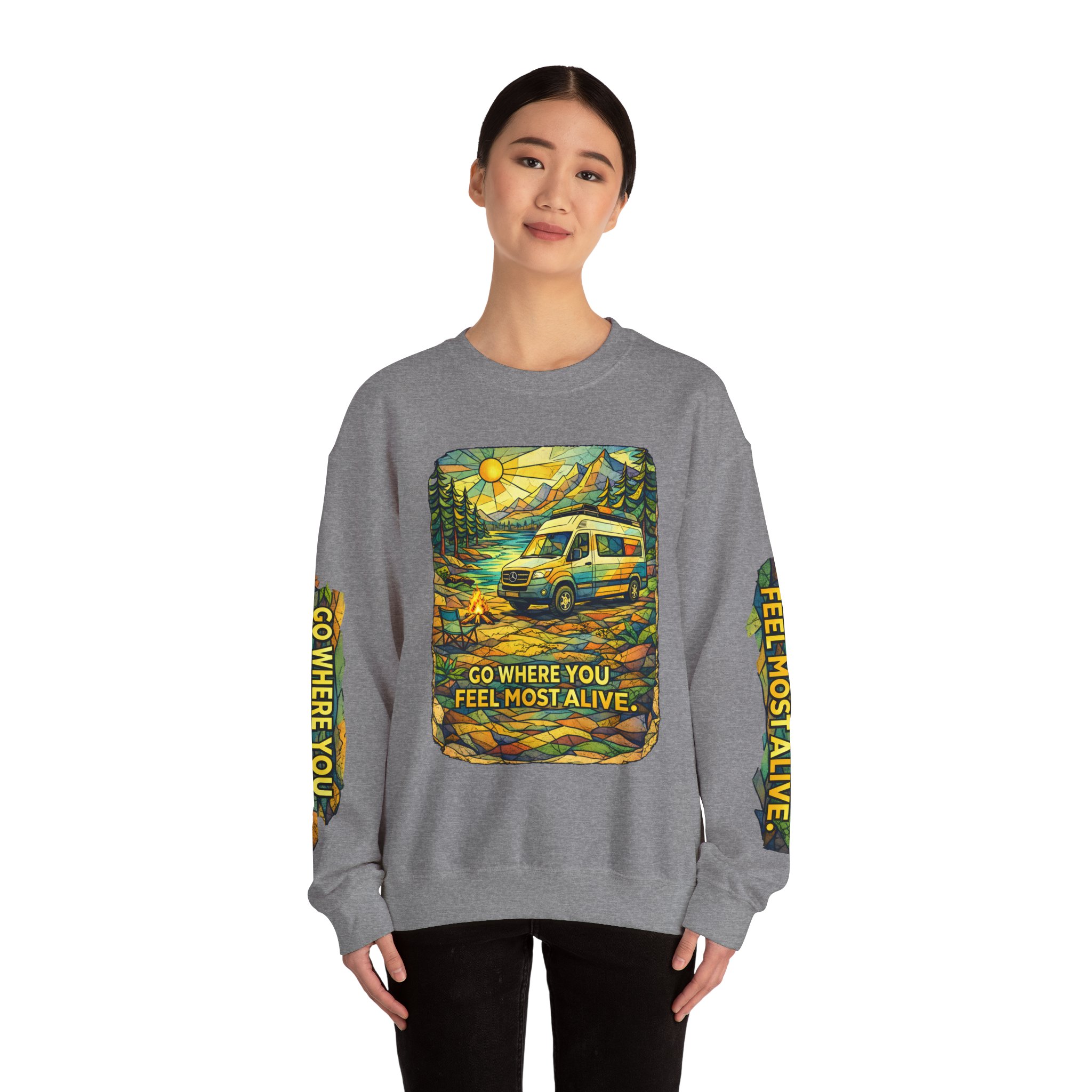 Unisex Heavy Blend™ Crewneck Sweatshirt — "Go Where You Feel Most Alive" Design Cubic-Line