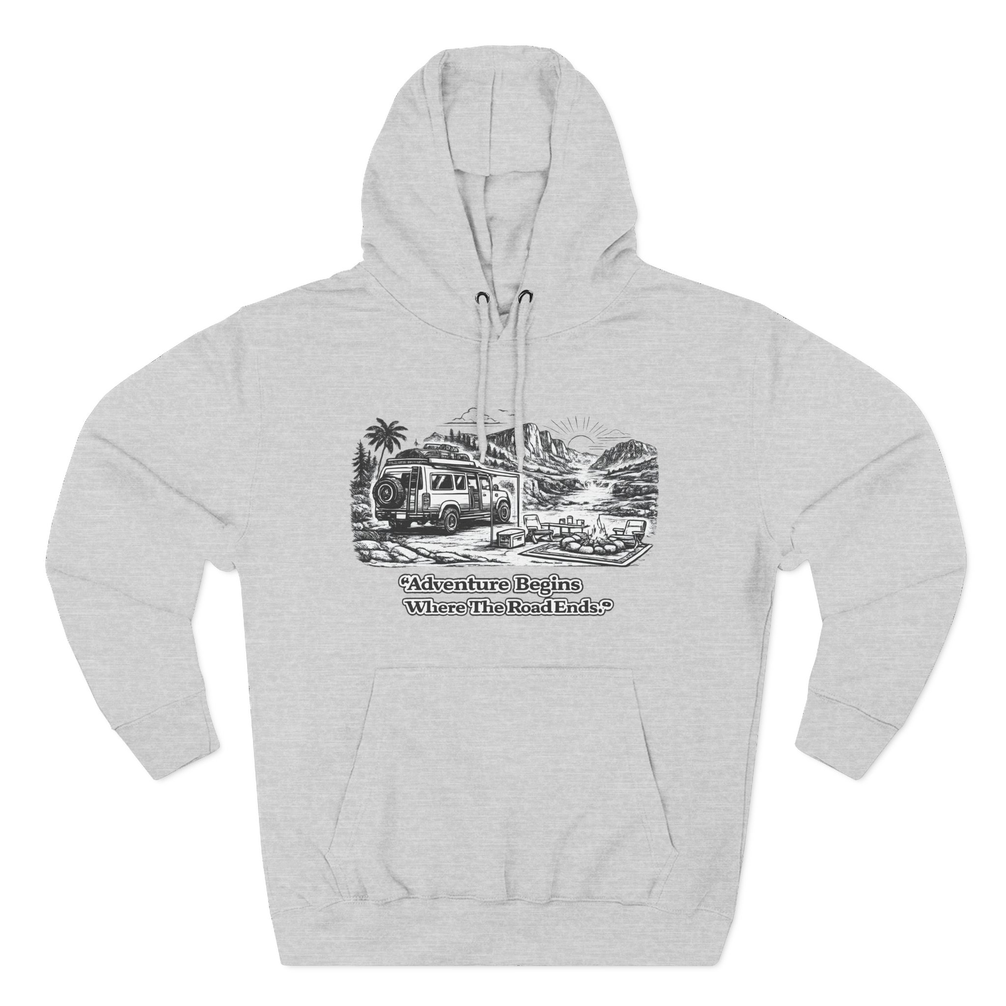Three-Panel Fleece Hoodie - "Adventure Begins Where The Road Ends" Design Minimal-Line