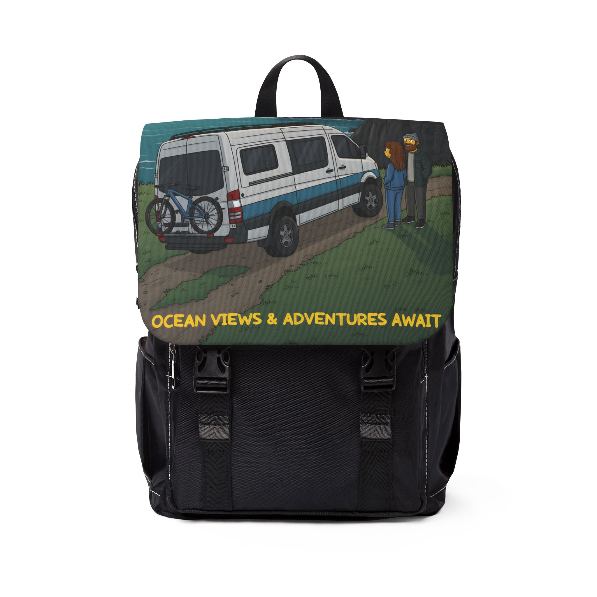 Unisex Casual Shoulder Backpack — "Ocean Views-Adventures Awaits" Design Sitcom-Line