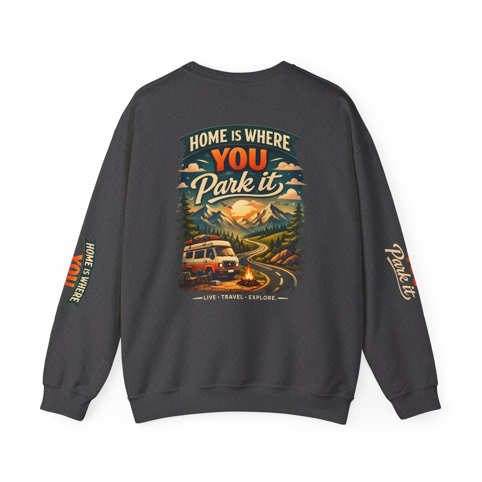 Unisex Heavy Blend™ Crewneck Sweatshirt — "Home Is Where You Park It" Design Scenic-Line