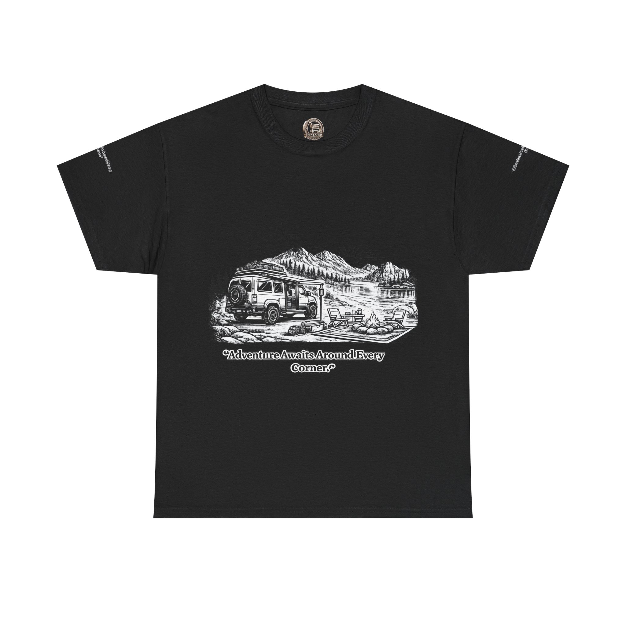 Unisex Heavy Cotton Tee — "Adventure Awaits Around Every Corner" Design Minimal-Line