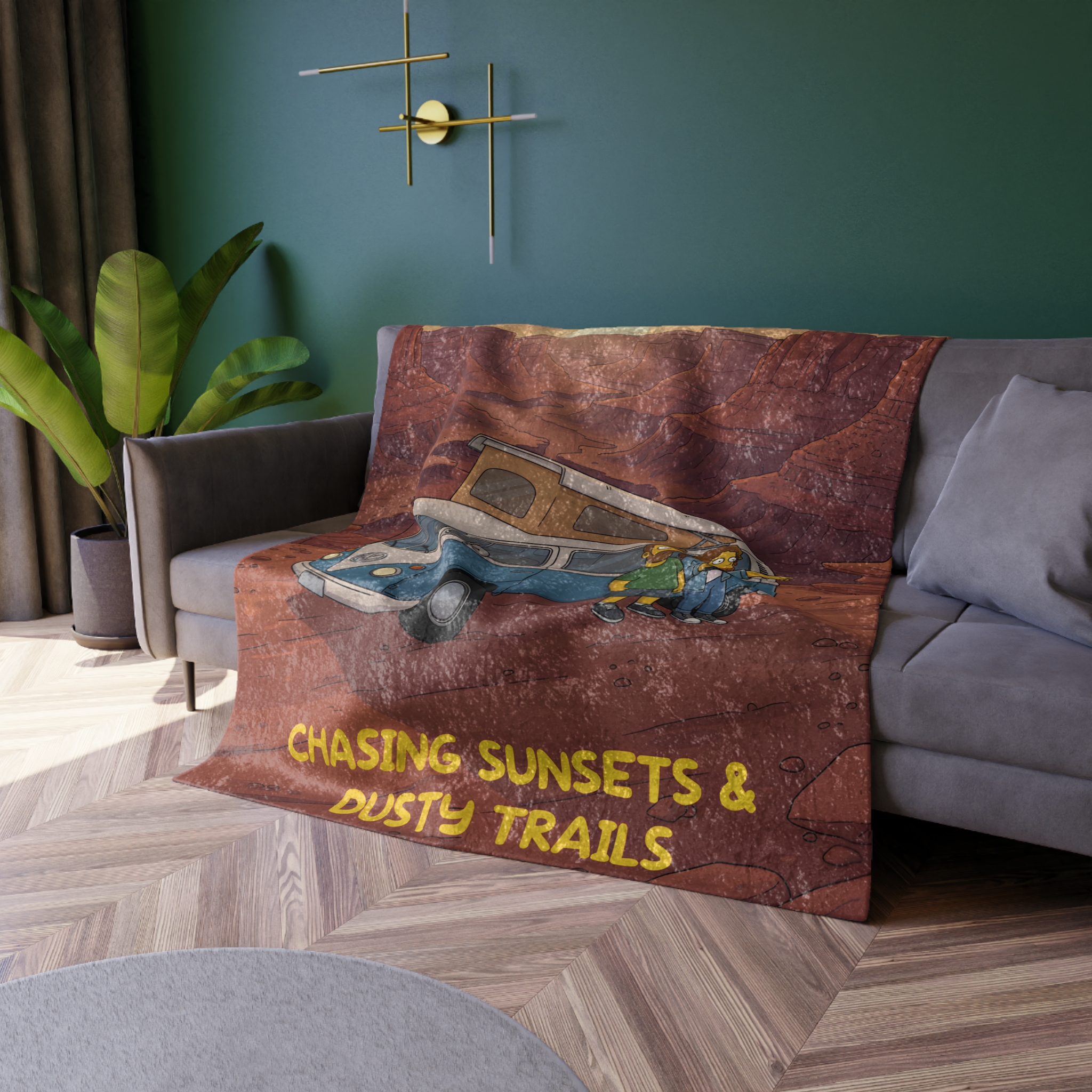 Crushed Velvet Blanket —"Chasing Sunsets And Dusty Trails" Design Sitcom-Line (Campervan)