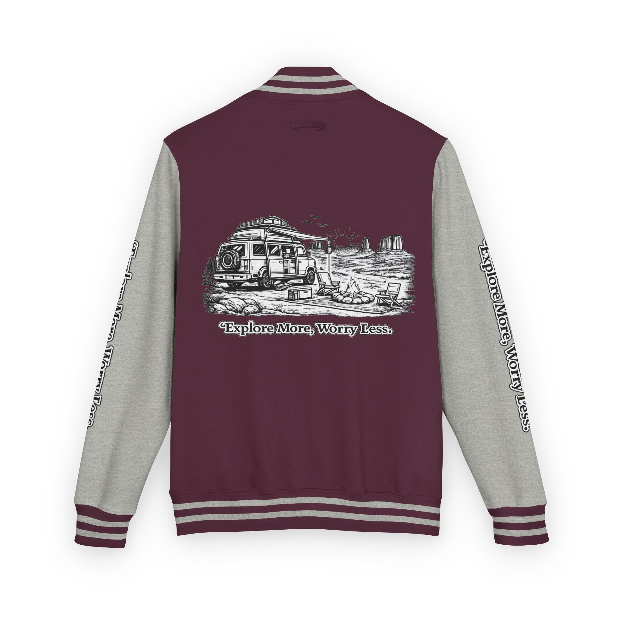 Unisex Heavyweight Letterman Jacket — "Explore More Worry Less" Travel Varsity Coat