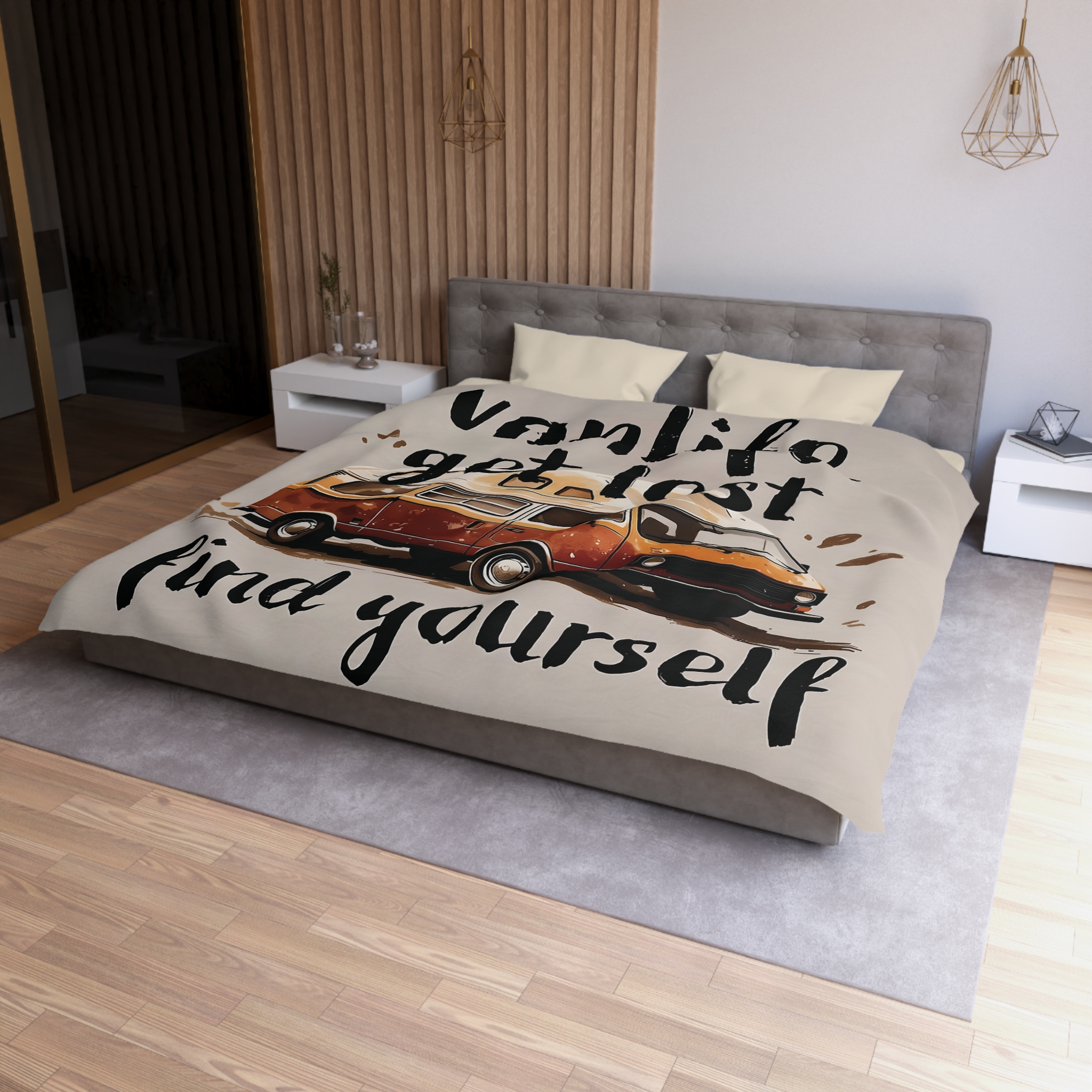 Duvet Cover – “Vanlife Get Lost Find Yourself” Retro Camper Bedding