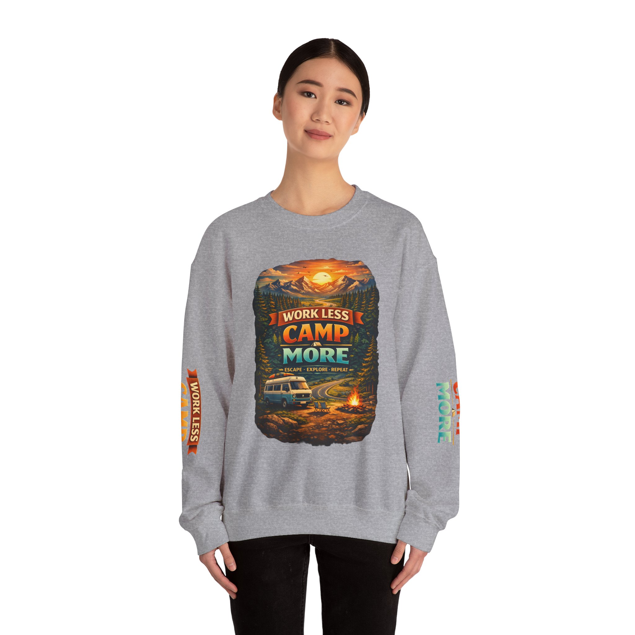 Unisex Heavy Blend™ Crewneck Sweatshirt — "Work Less-Camp More" Design Scenic-Line