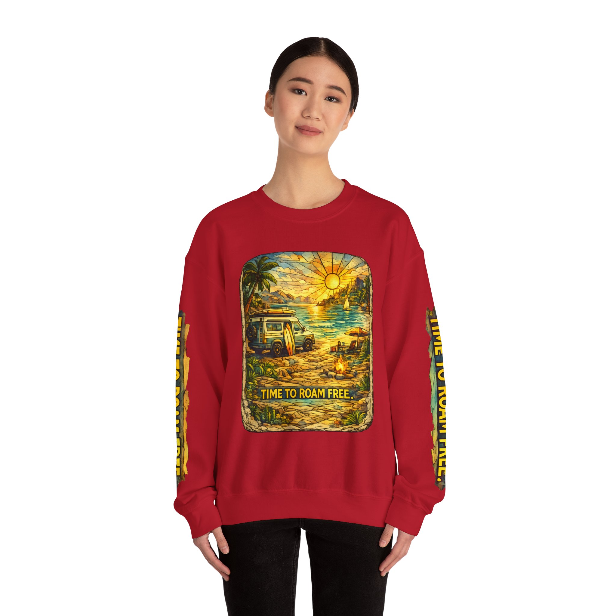Unisex Heavy Blend™ Crewneck Sweatshirt — "Time To Roam Free" Design Cubic-Line
