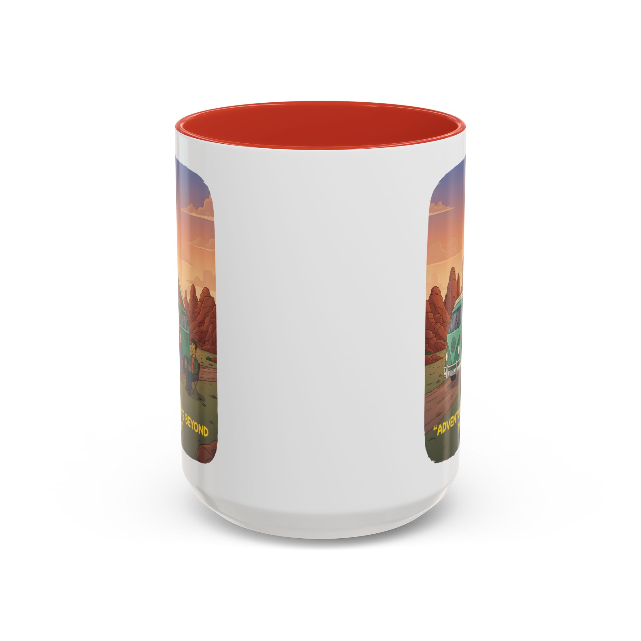 Accent Coffee Mug (11, 15oz) — "Adventure Awaits Beyond The Road" Design Sitcom-Line