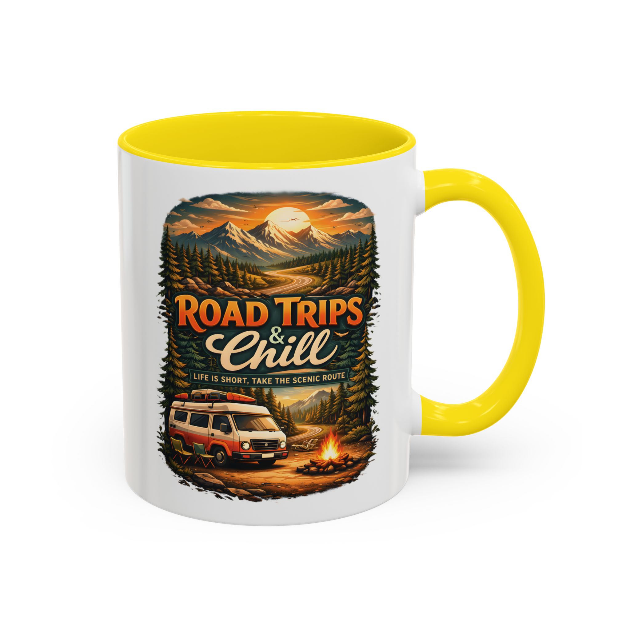 Accent Coffee Mug (11, 15oz) — "Road Trips & Chill" Design Scenic-Line
