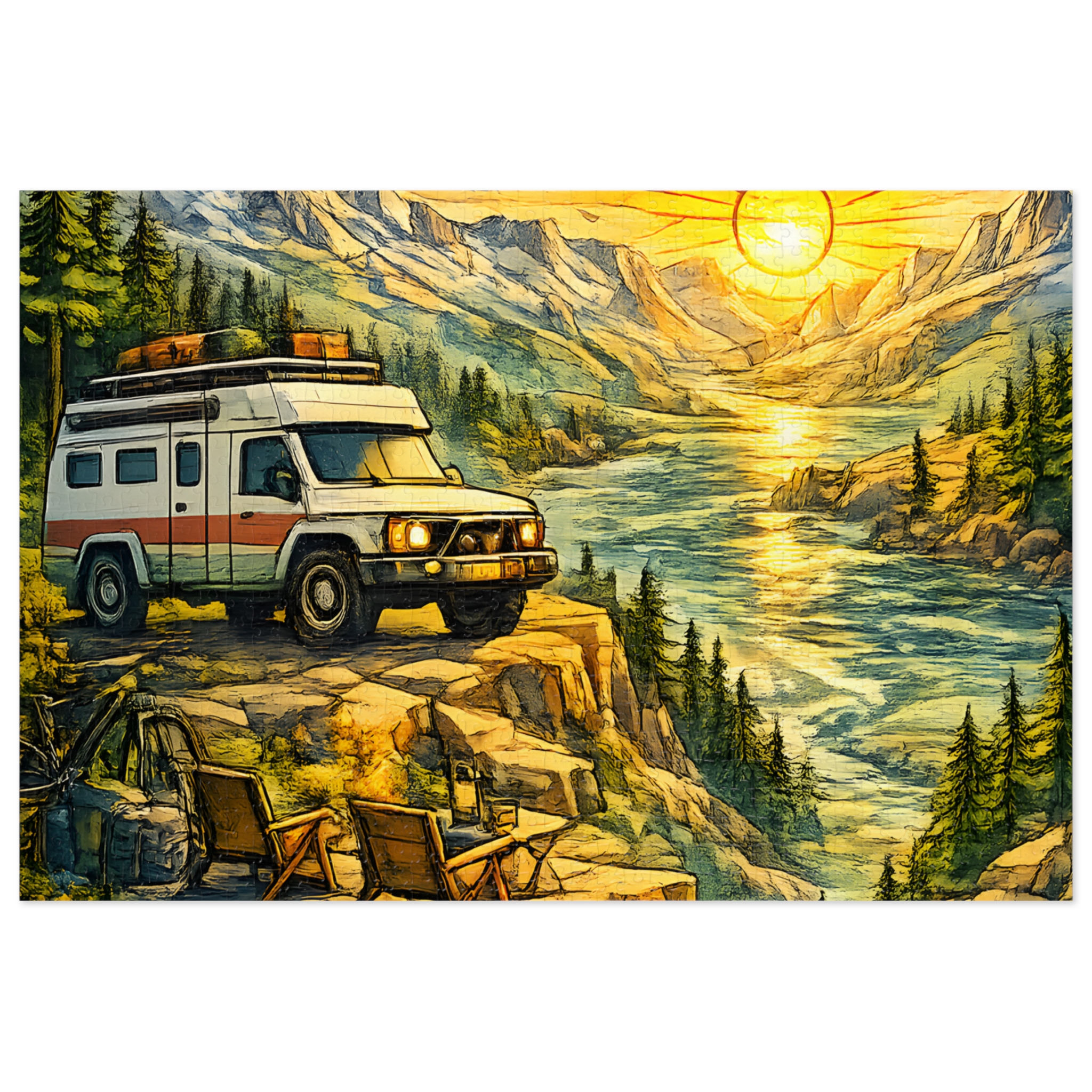 Jigsaw Puzzle with Tin — Camping Van Sunset (Design Cubic-Line)