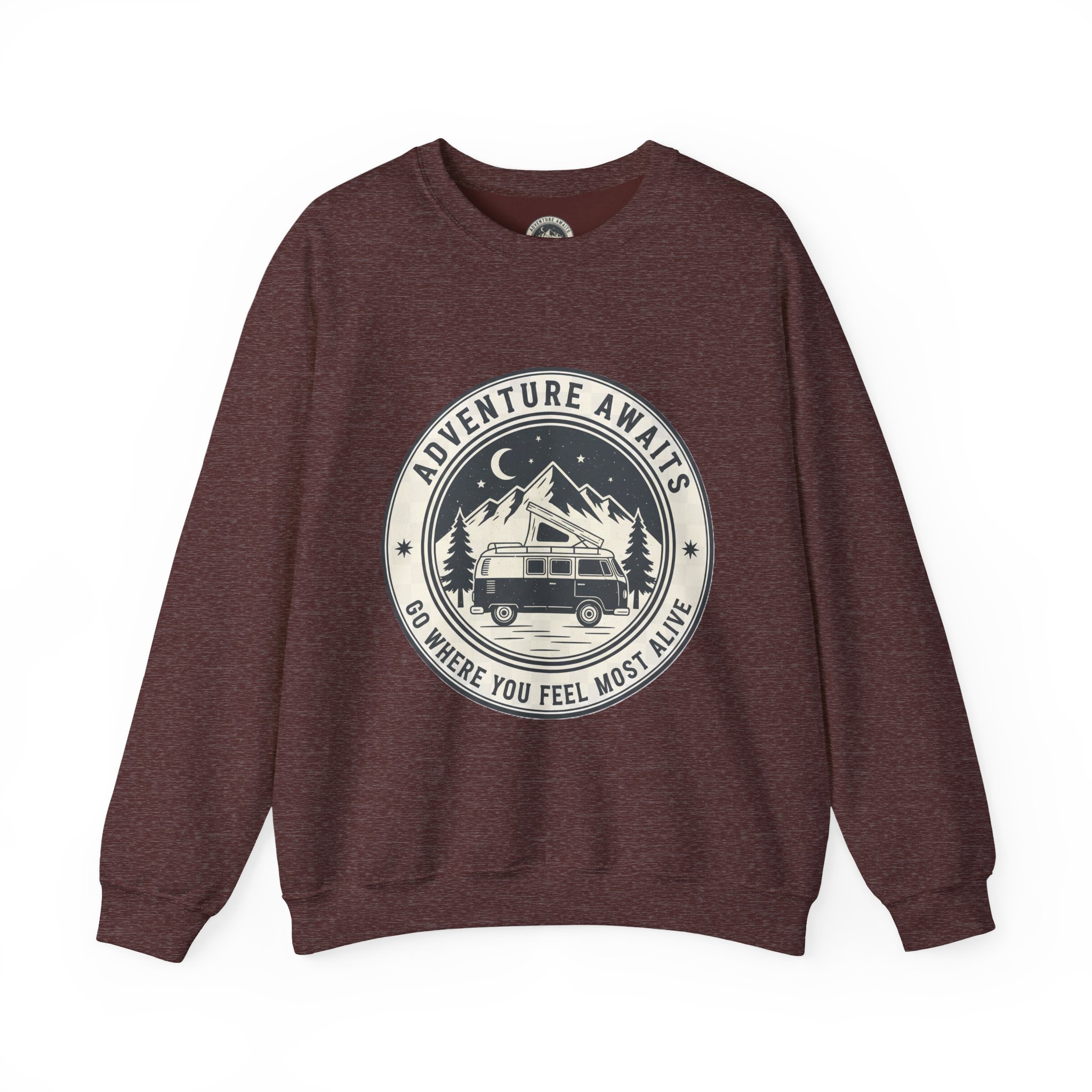 14809411596454985091_2048.jpeg Crewneck Sweatshirt — "Adventure Awaits-Go Where You Feel Most Alive" (Only Font printed) Vintage Camper Van Outdoor Graphic