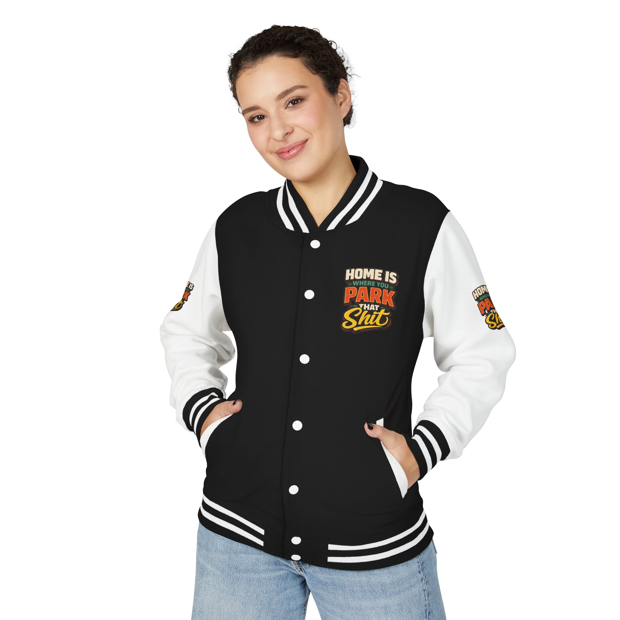 14811718537968829231_2048-2.jpeg Unisex Heavyweight Letterman Jacket — "Home Is Where You Park That Shit" Design F**K-Line