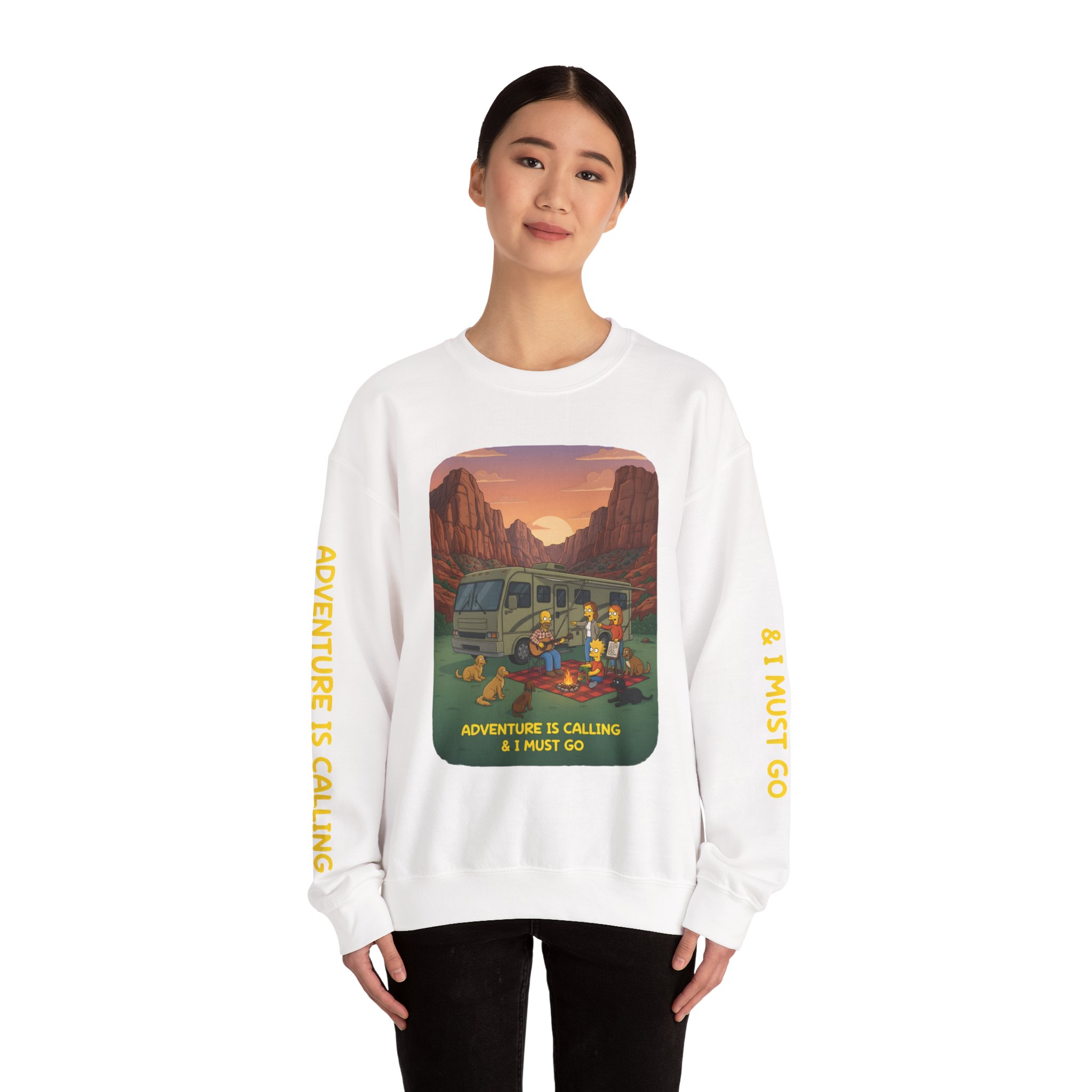 Unisex Heavy Blend™ Crewneck Sweatshirt — "Adventure Is Calling-I Must Go" Design Sitcom-Line