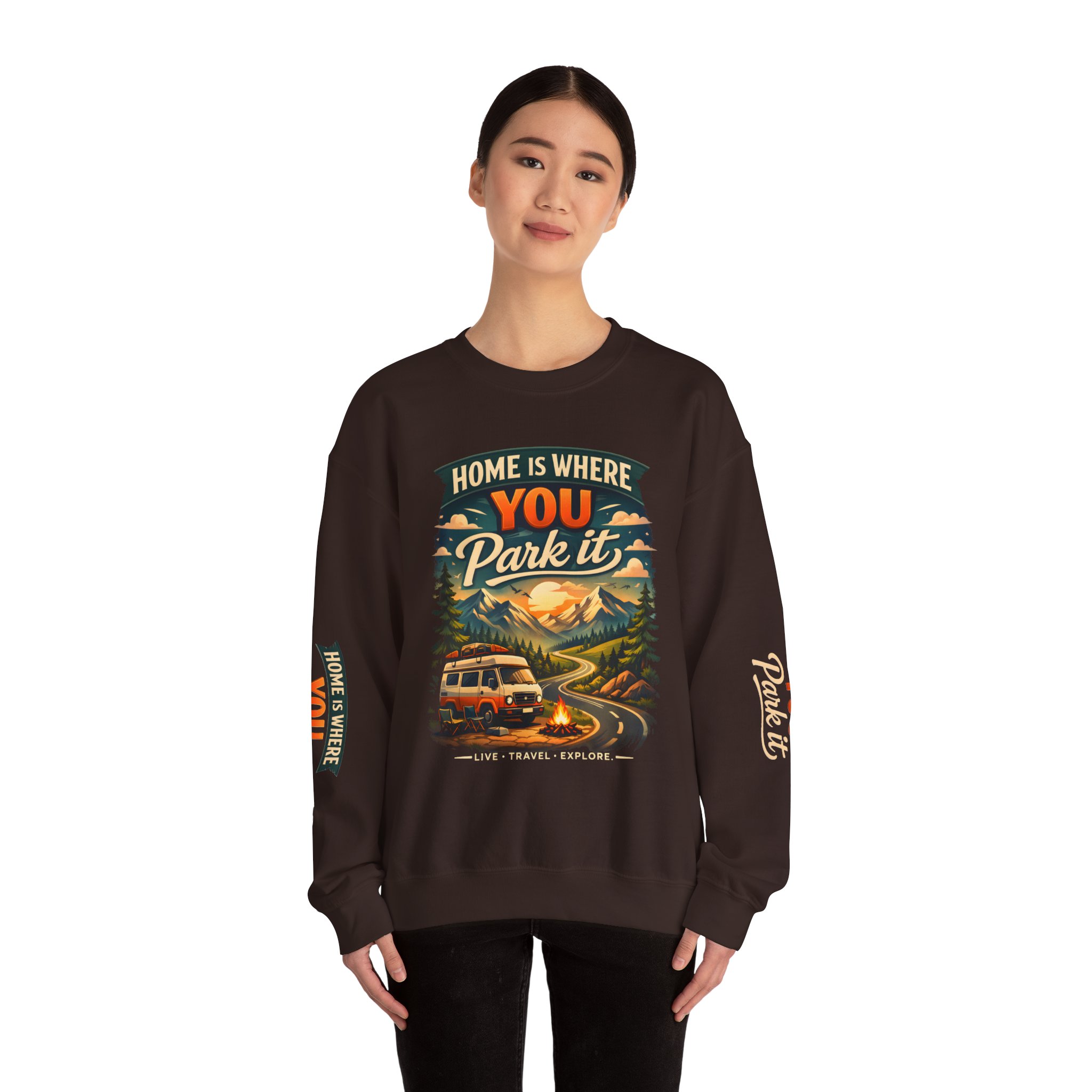 Unisex Heavy Blend™ Crewneck Sweatshirt — "Home Is Where You Park It" Design Scenic-Line