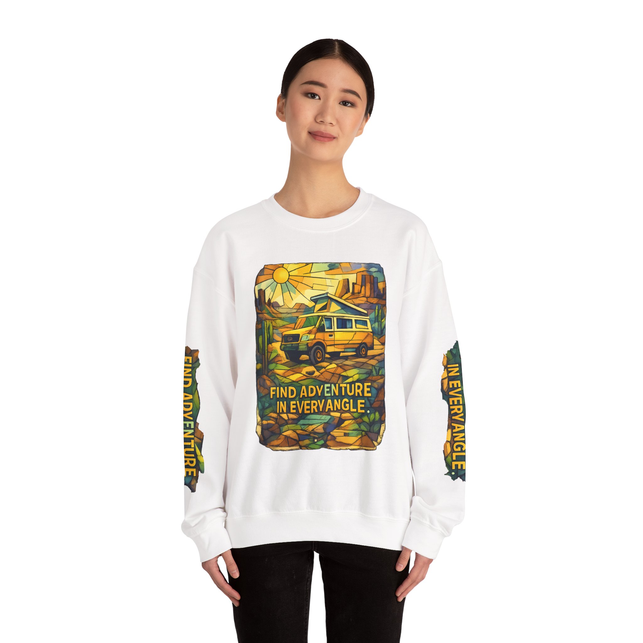 Unisex Heavy Blend™ Crewneck Sweatshirt — "Find Adventure In Every Corner" Design Cubic-Line