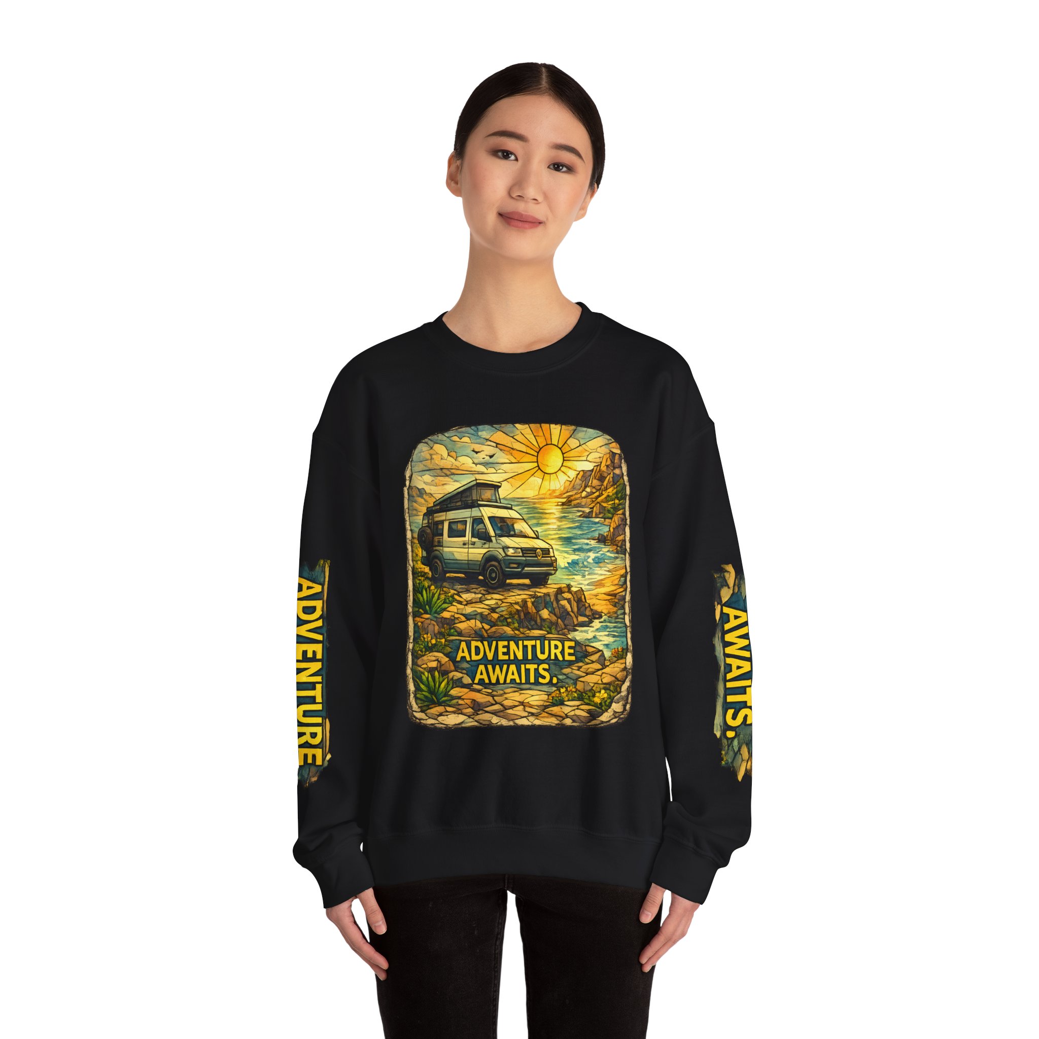 Unisex Heavy Blend™ Crewneck Sweatshirt — "Adventure Awaits" Design Cubic-Line