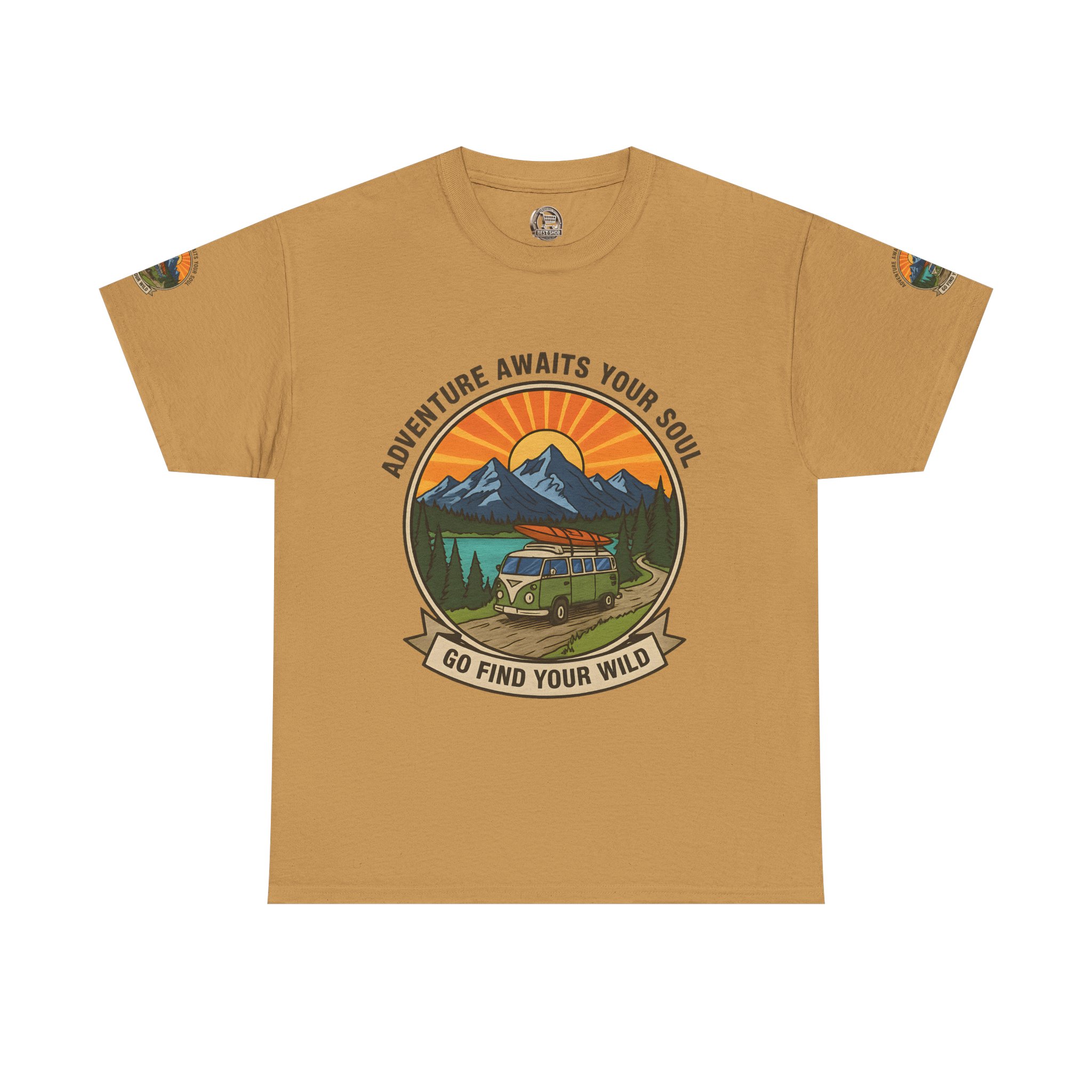 Unisex Heavy Cotton Tee — “Adventure Awaits Your Soul: Go Find Your Wild” Van & Mountain Graphic
