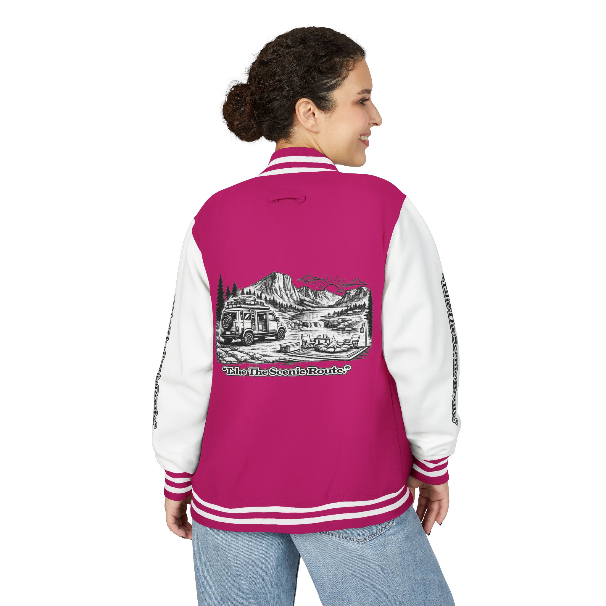 Unisex Heavyweight Letterman Jacket — "Take The Scenic Route" Travel Varsity Coat