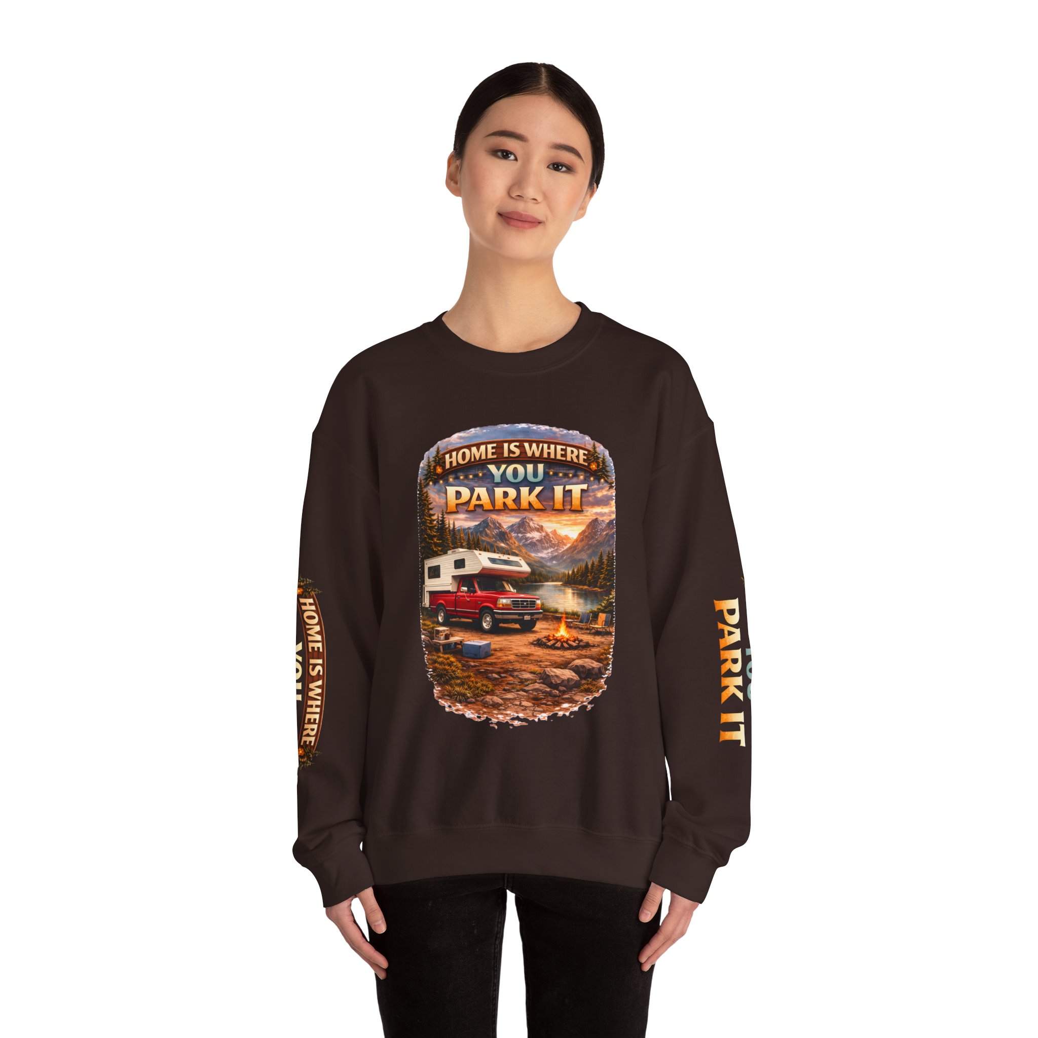 Unisex Heavy Blend™ Crewneck Sweatshirt — "Home Is Where You Park It" Design Scenic-Line