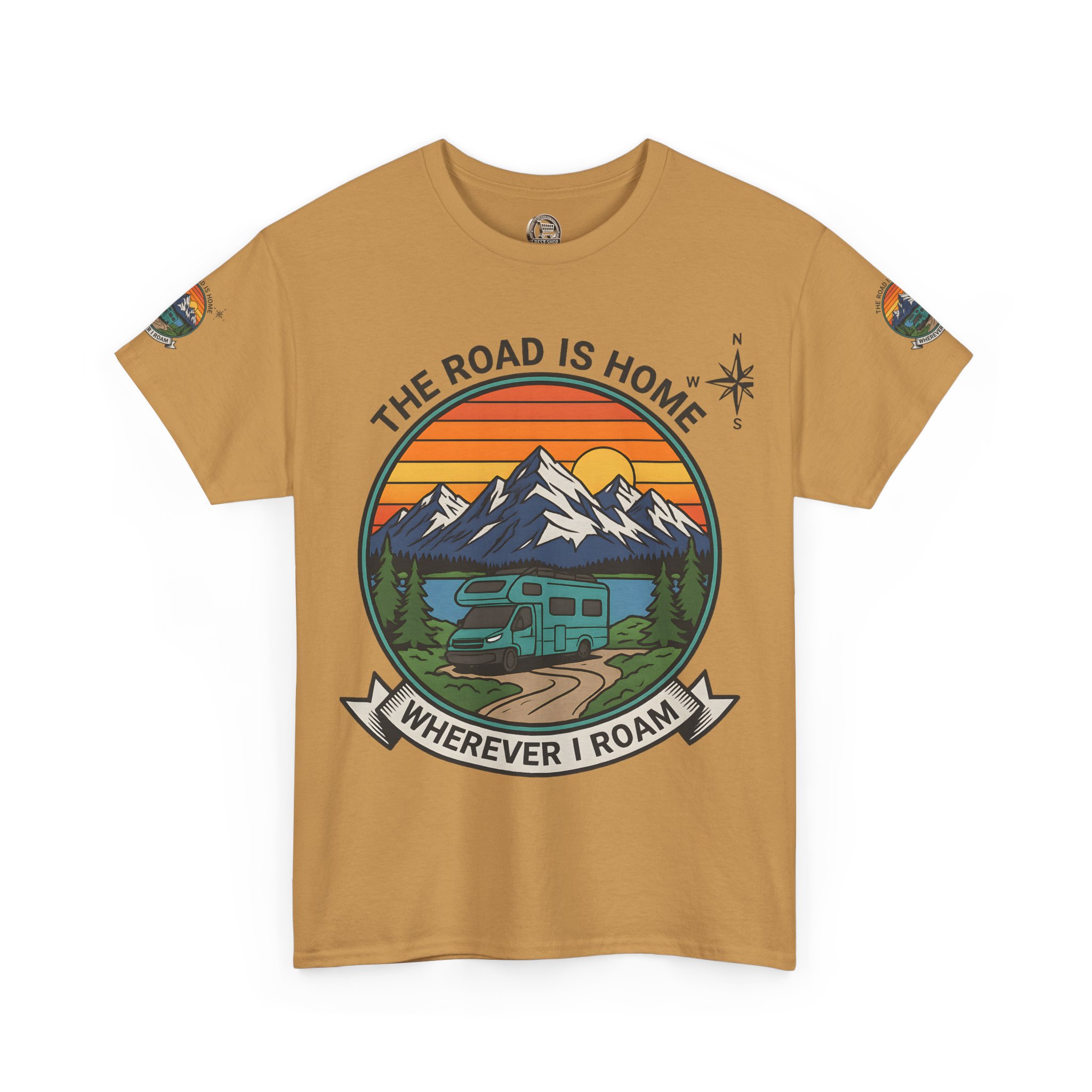 Unisex Heavy Cotton Tee  — 'The Road Is Home, Wherever I Roam' Retro Camper Tee