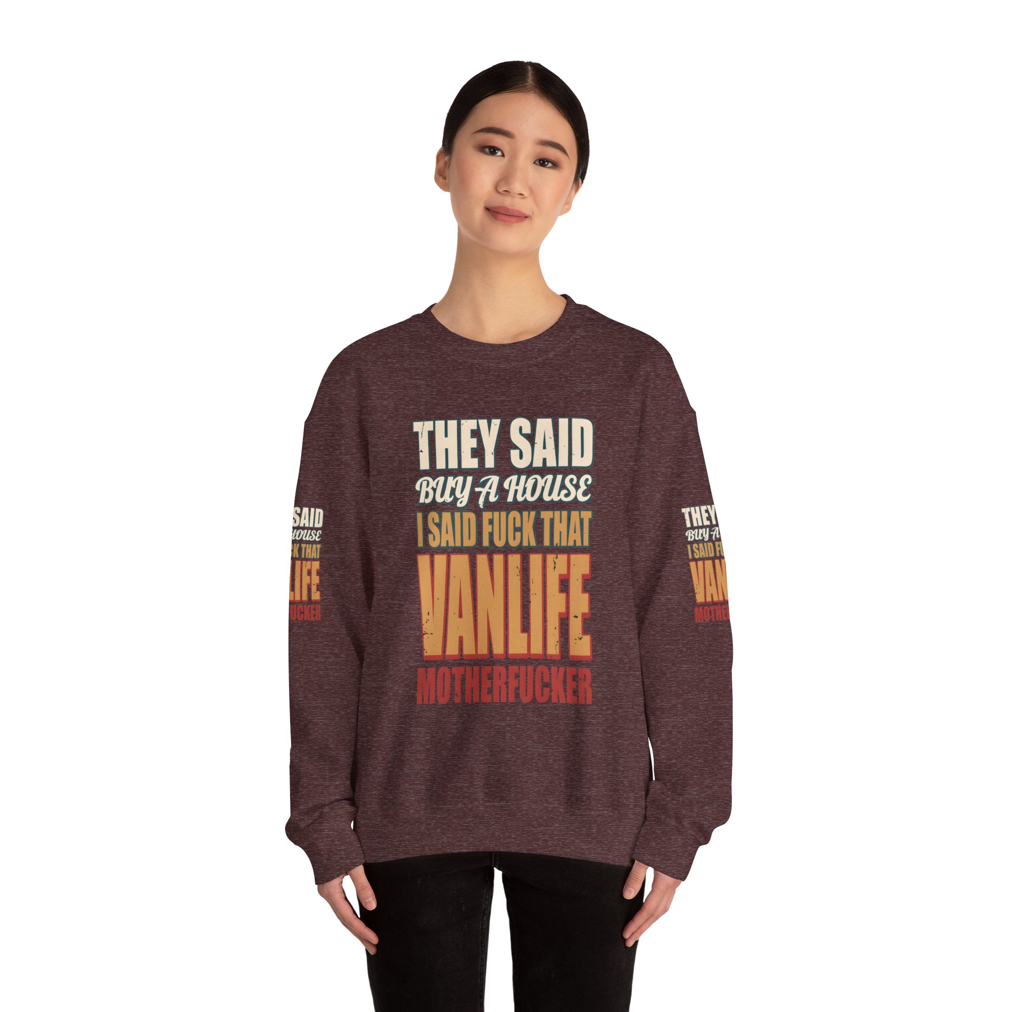 Unisex Heavy Blend™ Crewneck Sweatshirt — "They Said Buy A House" Design F**K-Line