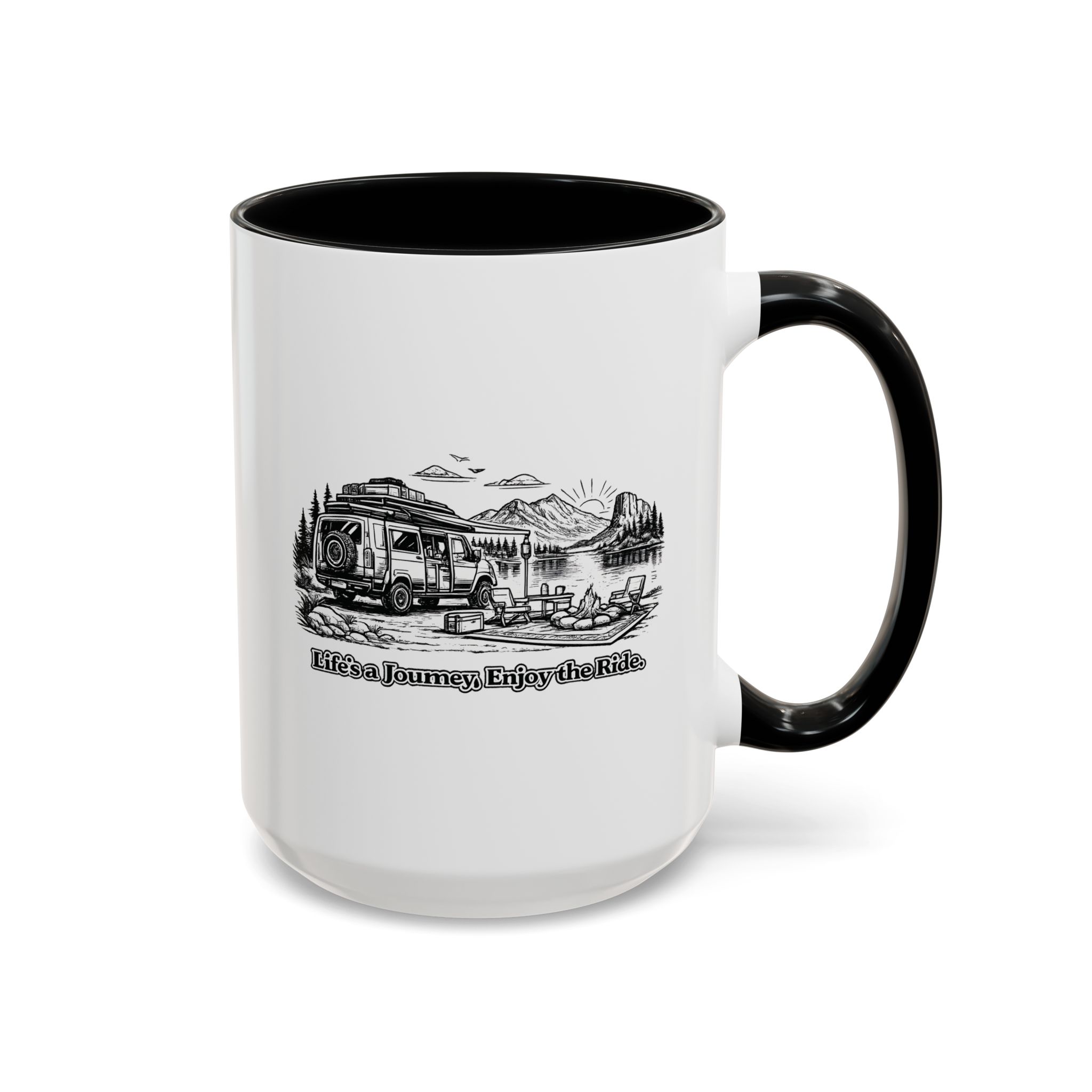 Accent Coffee Mug (11, 15oz) — "Lifes A Journey,Enjoy The Ride" Design Minimal-Line