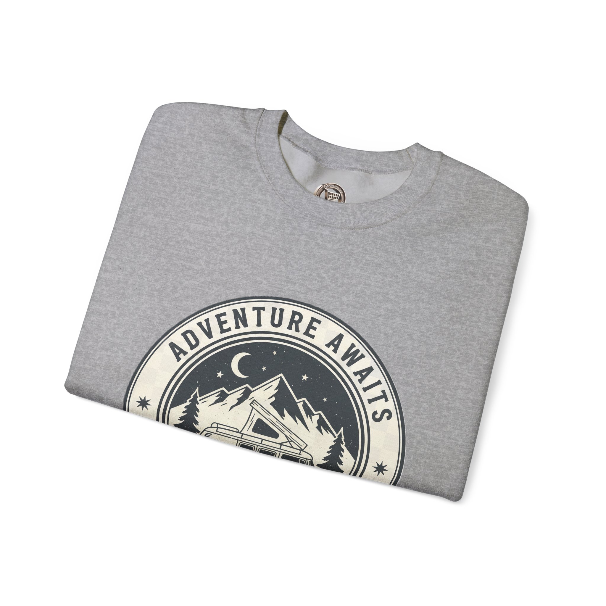 14930756135877993115_2048.jpeg Crewneck Sweatshirt — "Adventure Awaits-Go Where You Feel Most Alive" (Font + Back + Sleaves printed) Vintage Camper Van Outdoor Graphic