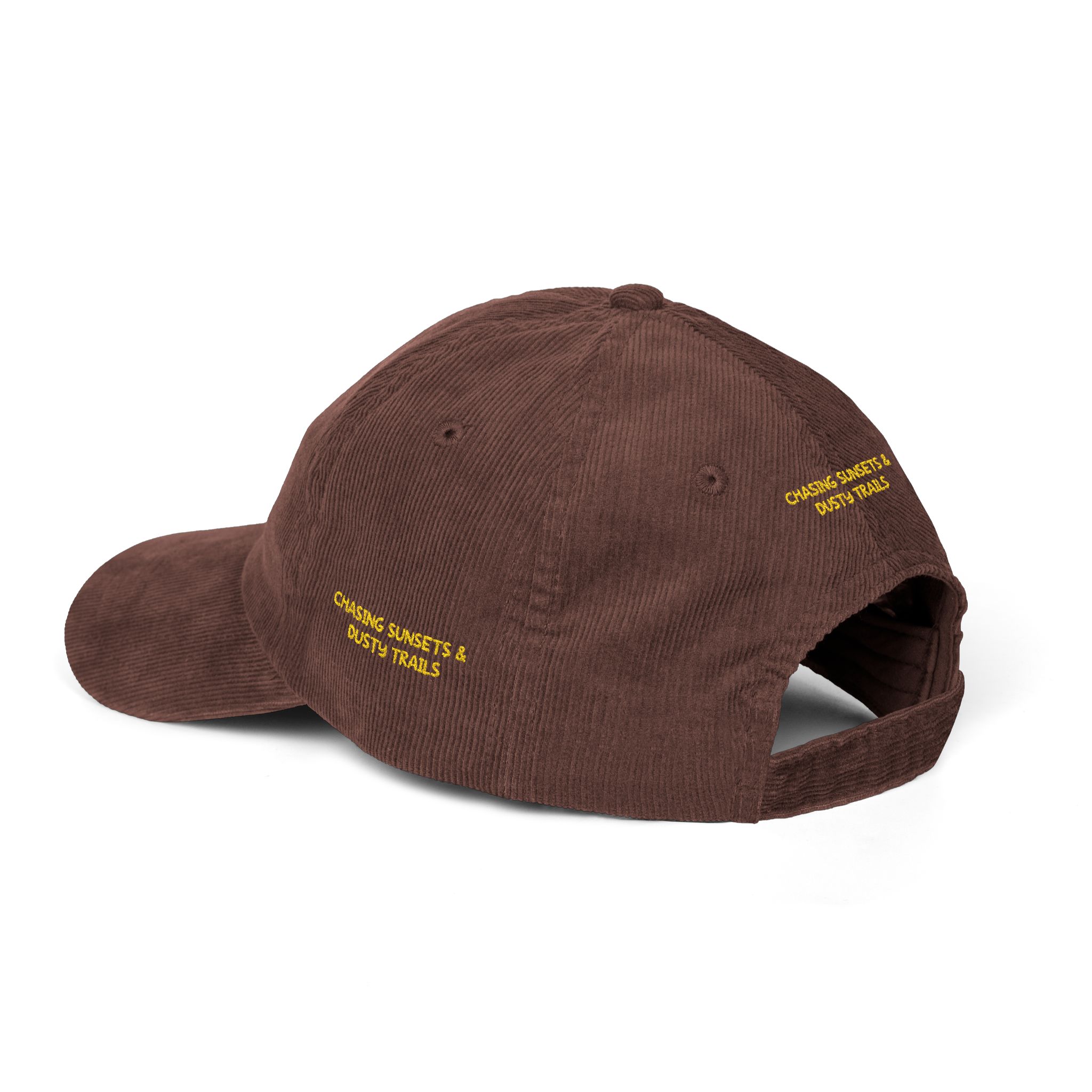 Vintage Corduroy Cap (Embroidery) — "Chasing Sunsets & Dusty Trails" Embroidered Hat