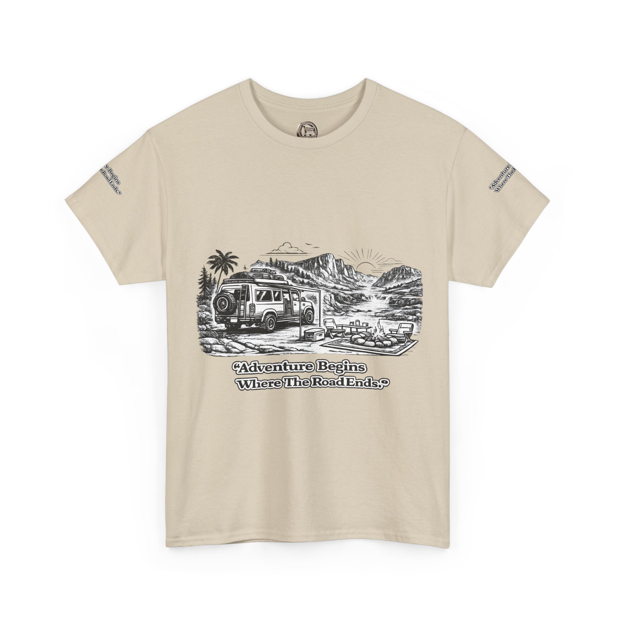 Unisex Heavy Cotton Tee — "Adventure Begins Where The Road Ends" Design Minimal-Line