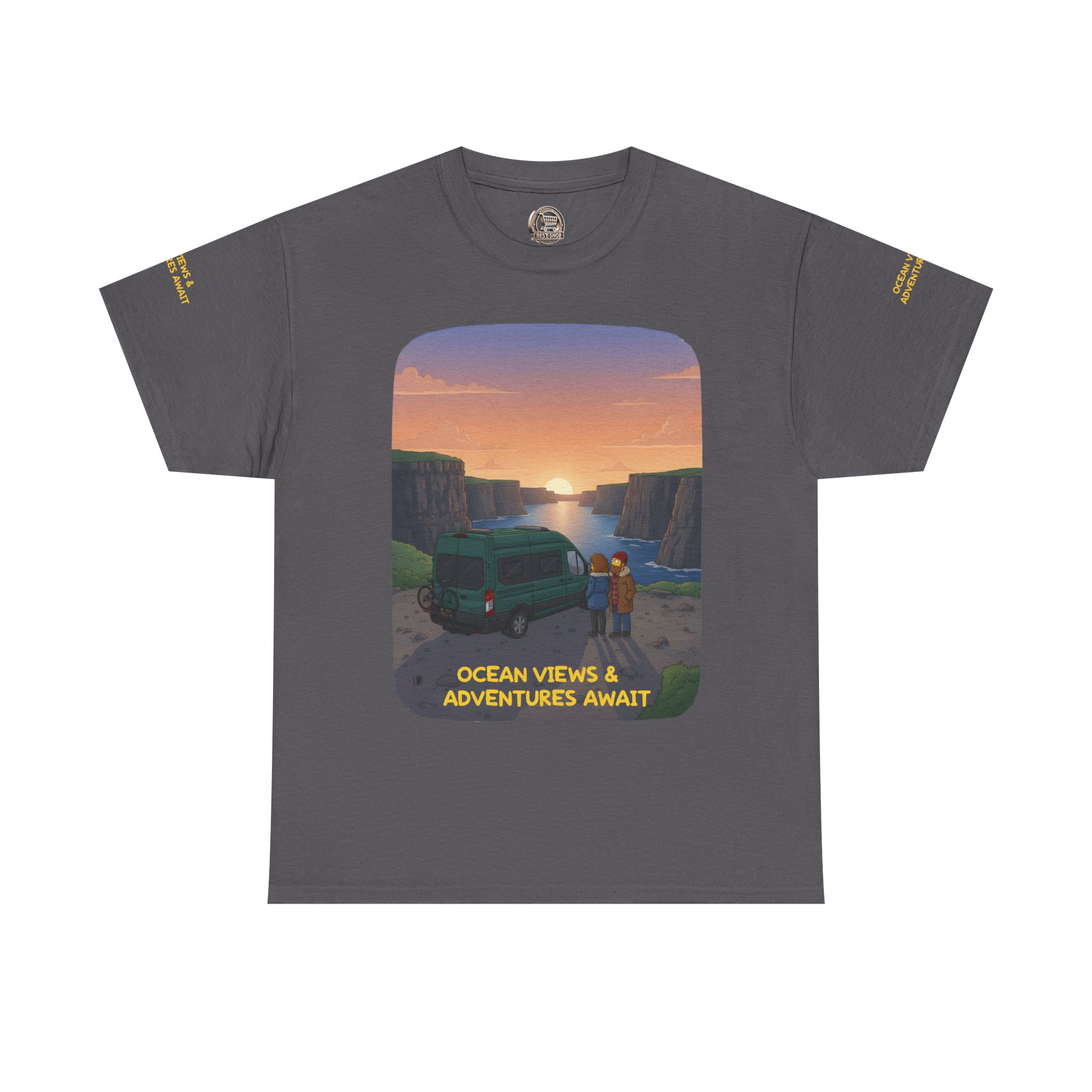 Unisex Heavy Cotton Tee — "Ocean Views-Adventures Awaits" Design Sitcom-Line