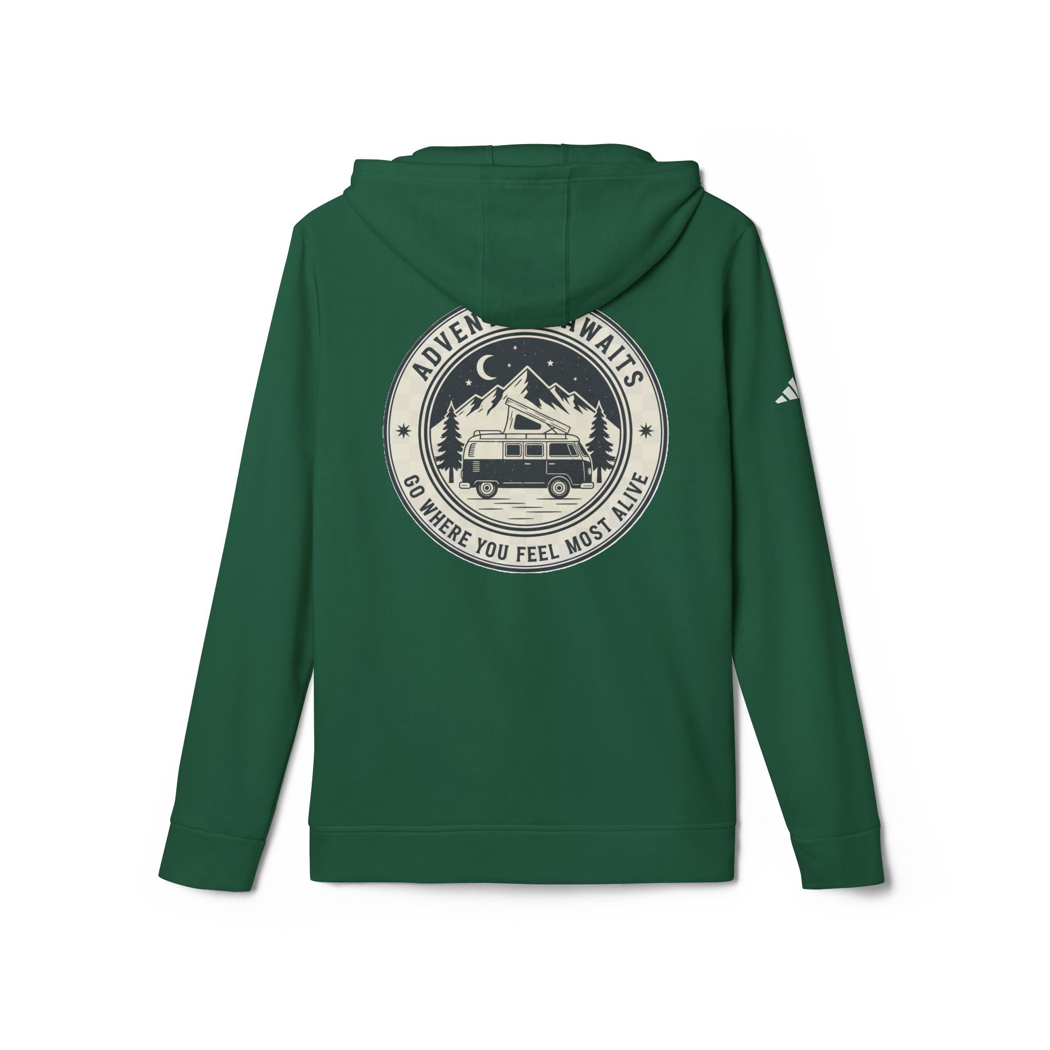 Hoodie(Adidas) — 'Adventure Awaits-Go Where You Feel Most Alive' Outdoor Travel Pullover (Only Back Printed)