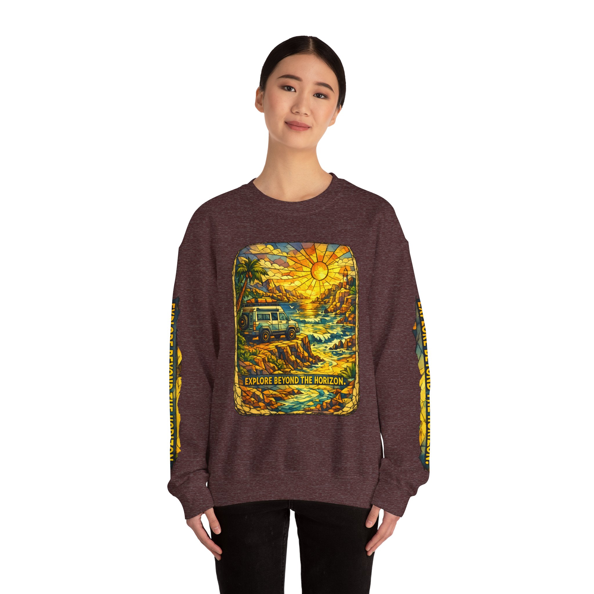 Unisex Heavy Blend™ Crewneck Sweatshirt — "Explore Beyond The Horizon" Design Cubic-Line