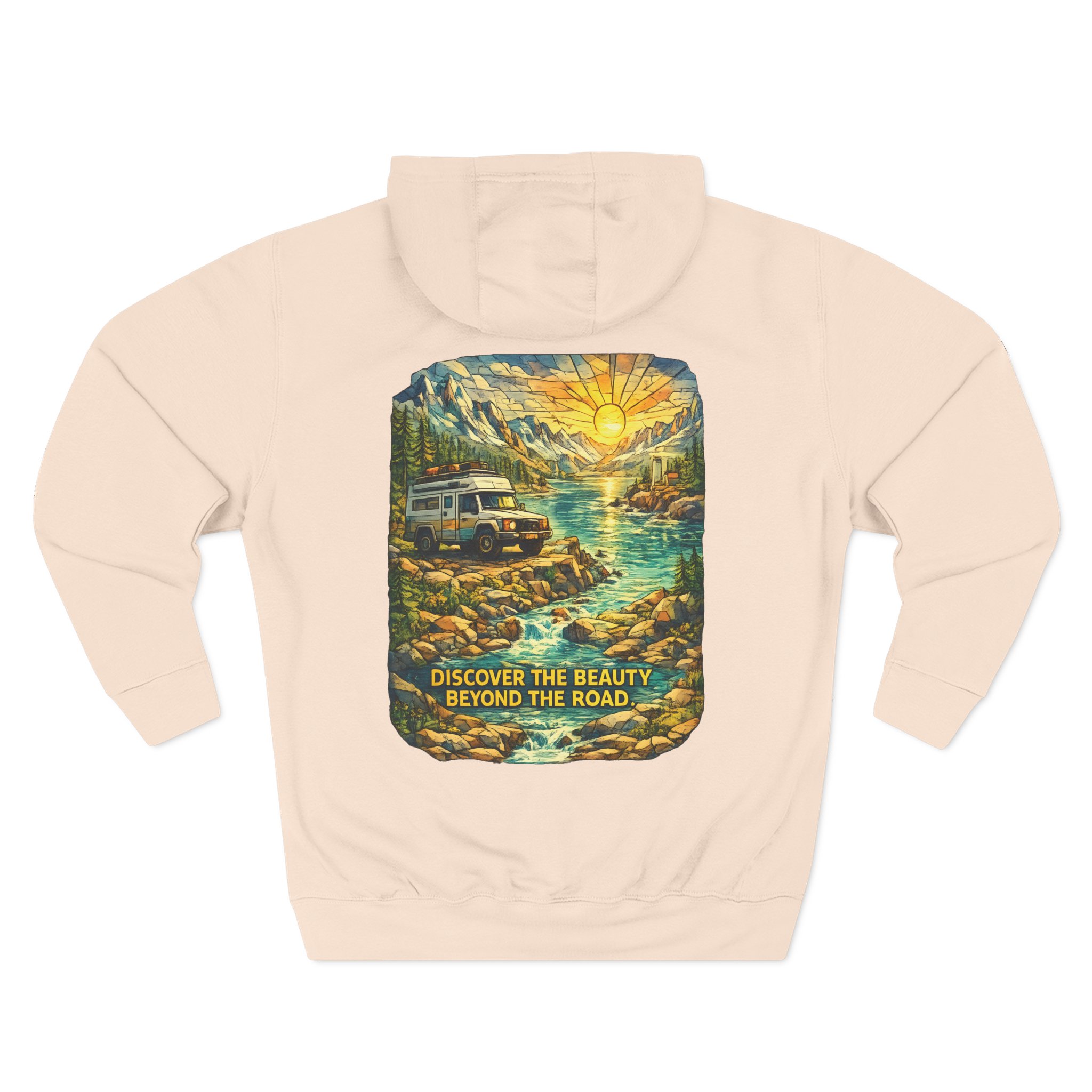 Three-Panel Fleece Hoodie - "Discover The Bieuty Beyond The Road" Design Cubic-Line
