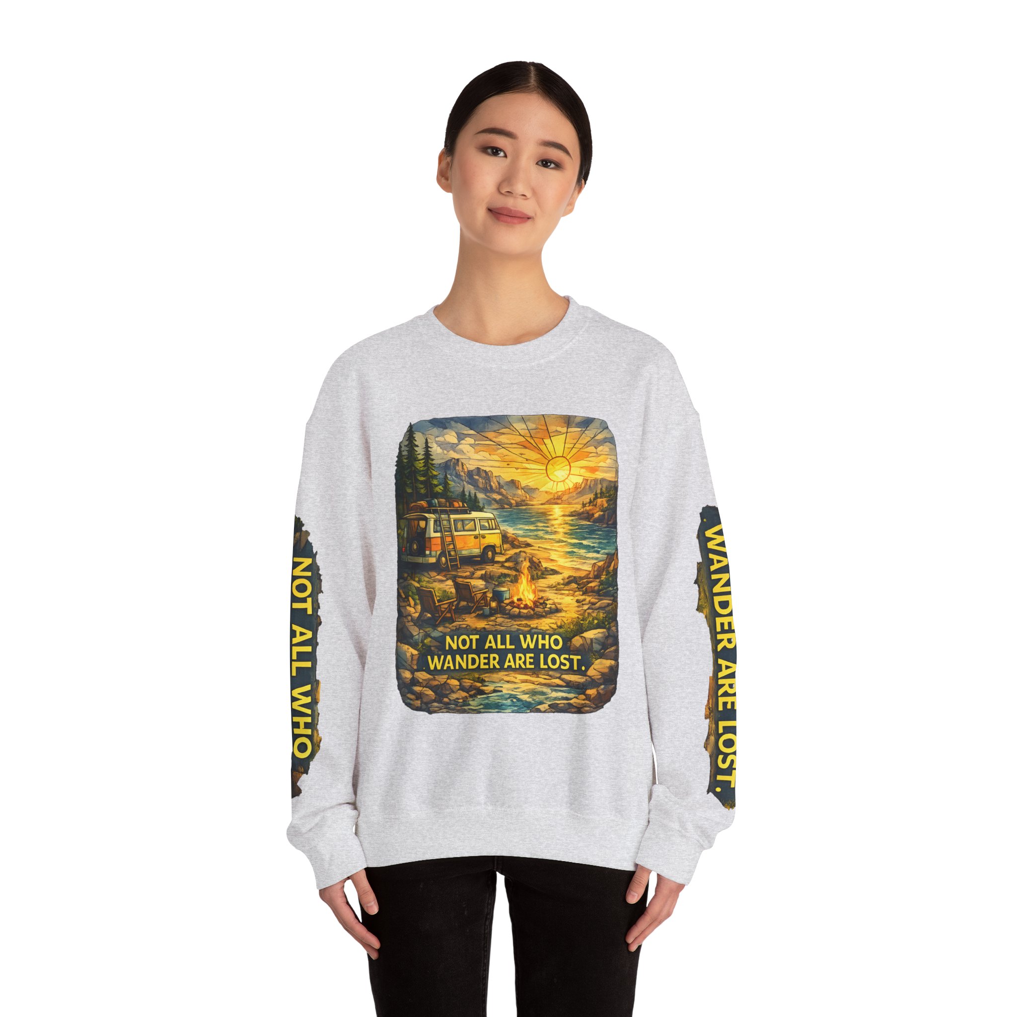 Unisex Heavy Blend™ Crewneck Sweatshirt — "Not All Who Wander Are Lost" Design Cubic-Line