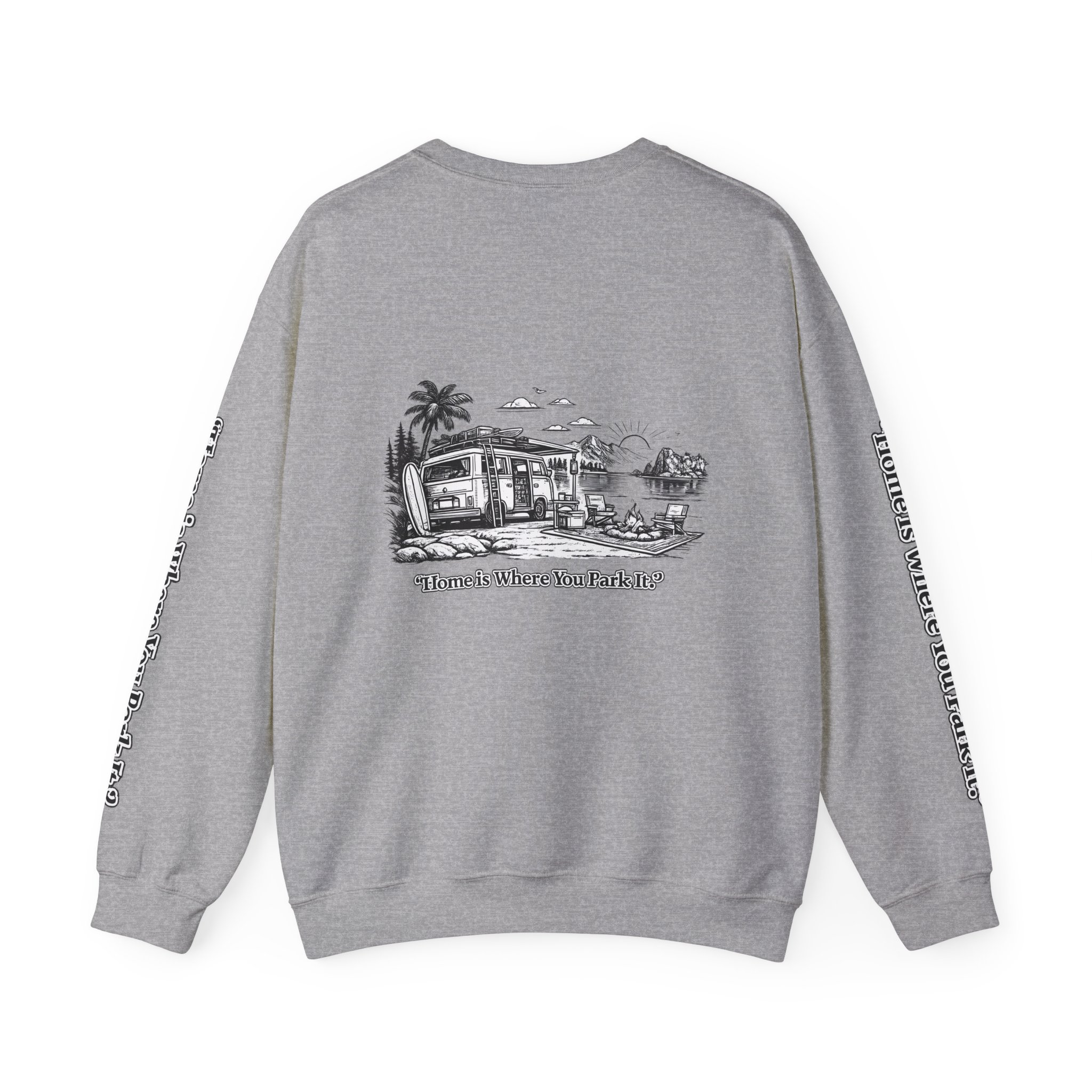 Unisex Heavy Blend™ Crewneck Sweatshirt — "Home Is Where You Park It" Design Minimal-Line