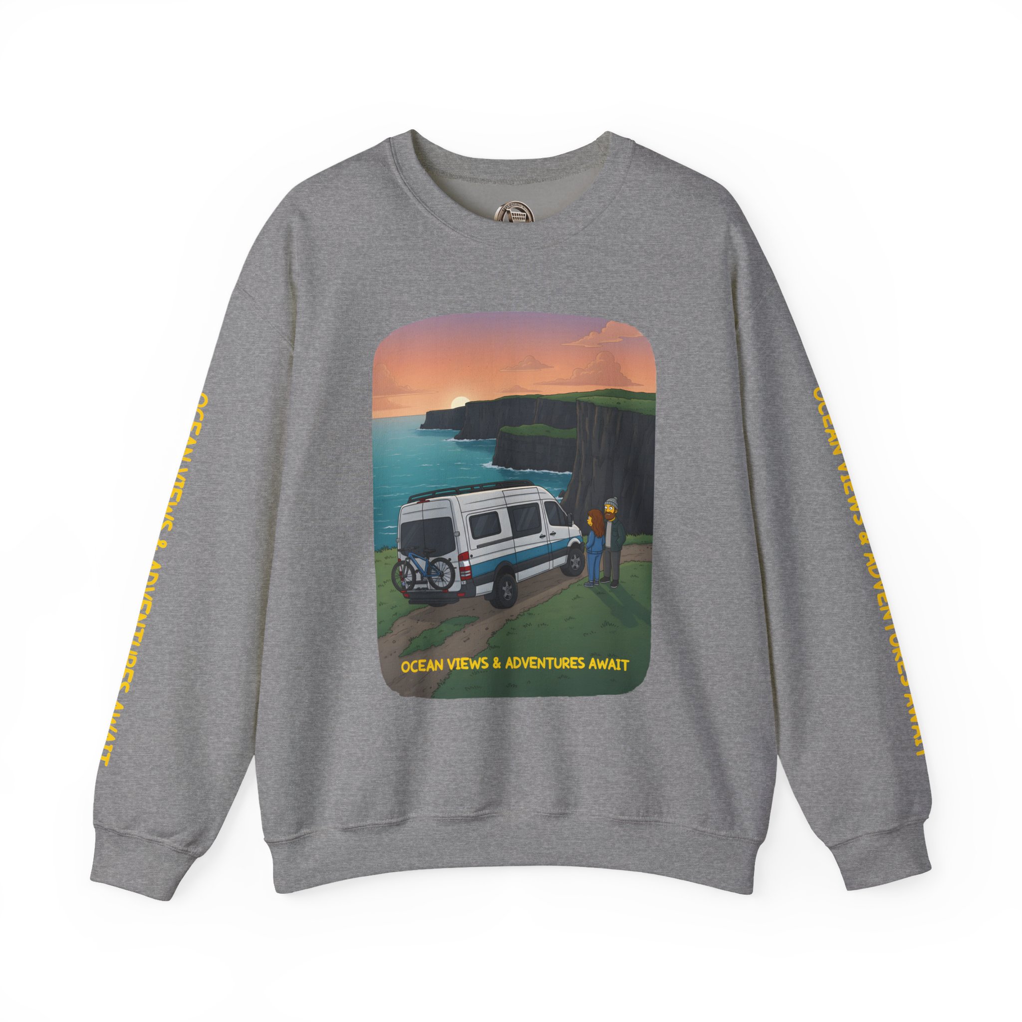 Unisex Heavy Blend™ Crewneck Sweatshirt — "Ocean Views-Adventures Awaits" Design Sitcom-Line
