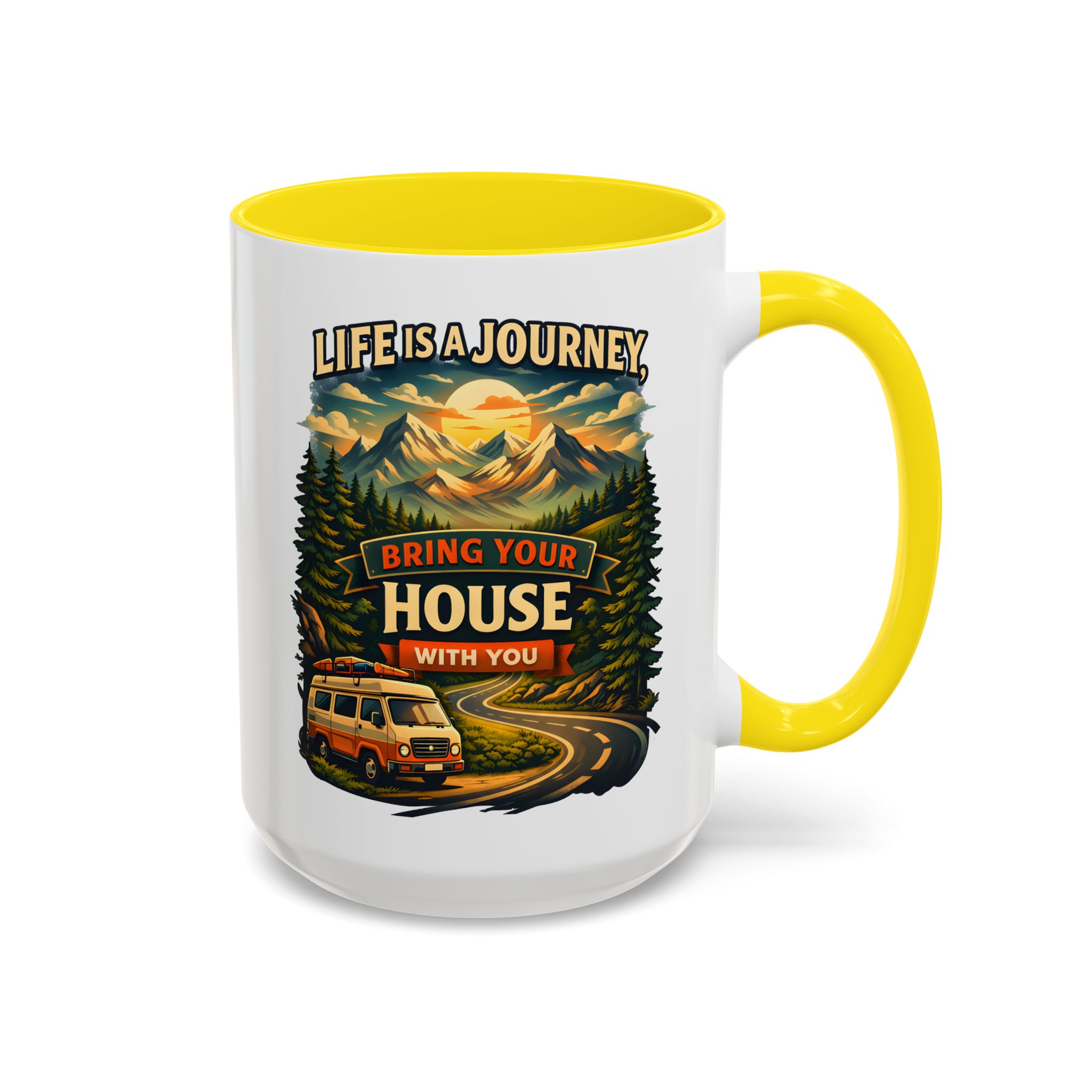 Accent Coffee Mug (11, 15oz) — "Live Is A Journey-Bring Your House With You" Design Scenic-Line