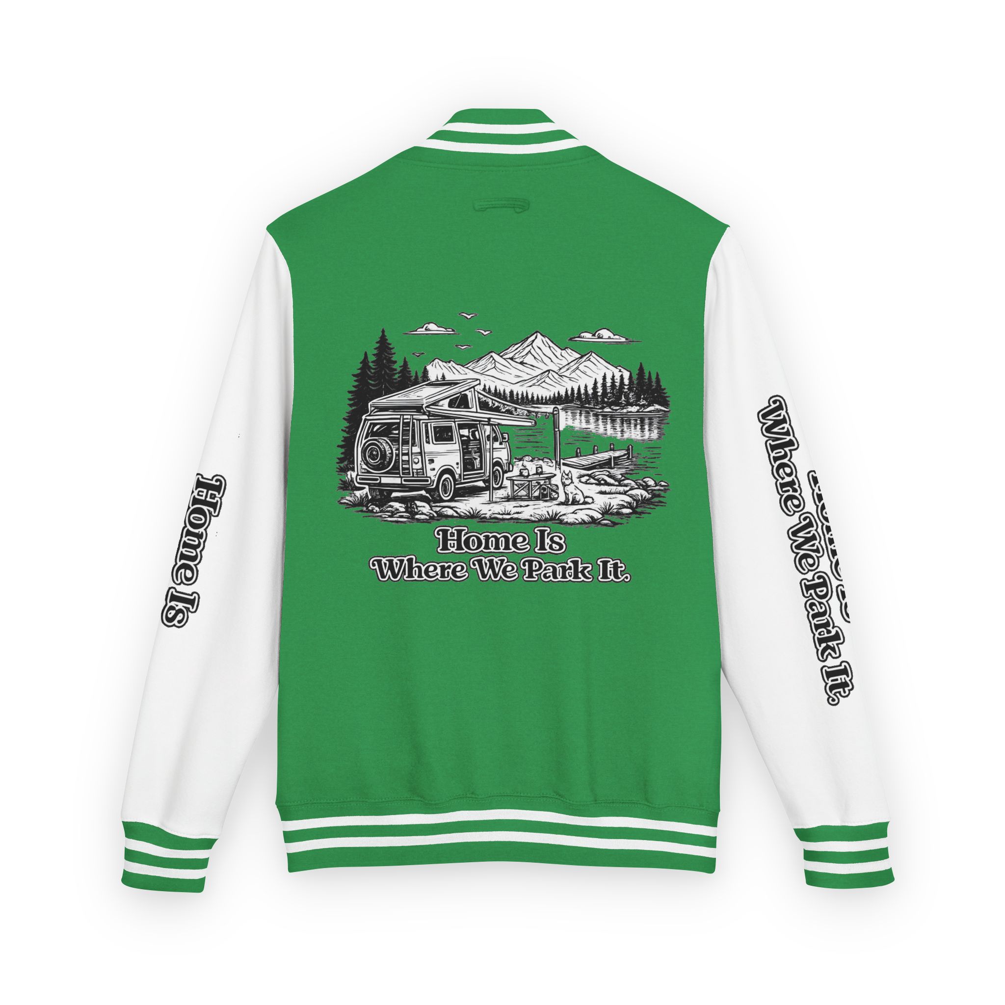 Unisex Heavyweight Letterman Jacket — "Home Is Where You Park It" Travel Varsity Coat