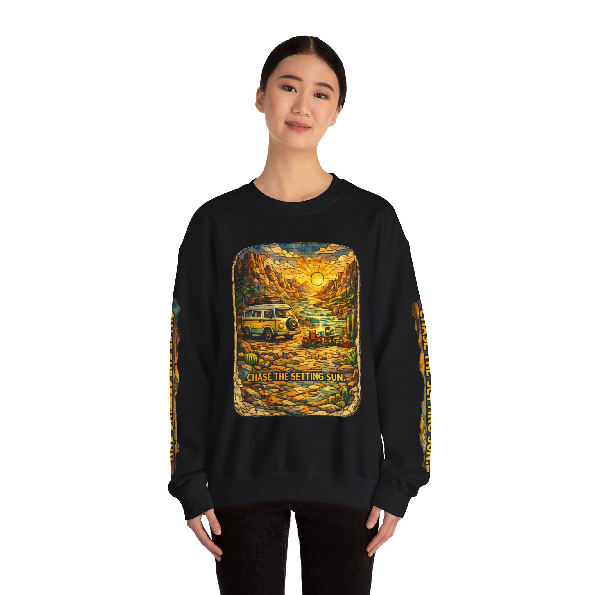 Unisex Heavy Blend™ Crewneck Sweatshirt — "Chase The Settings Sun" Design Cubic-Line