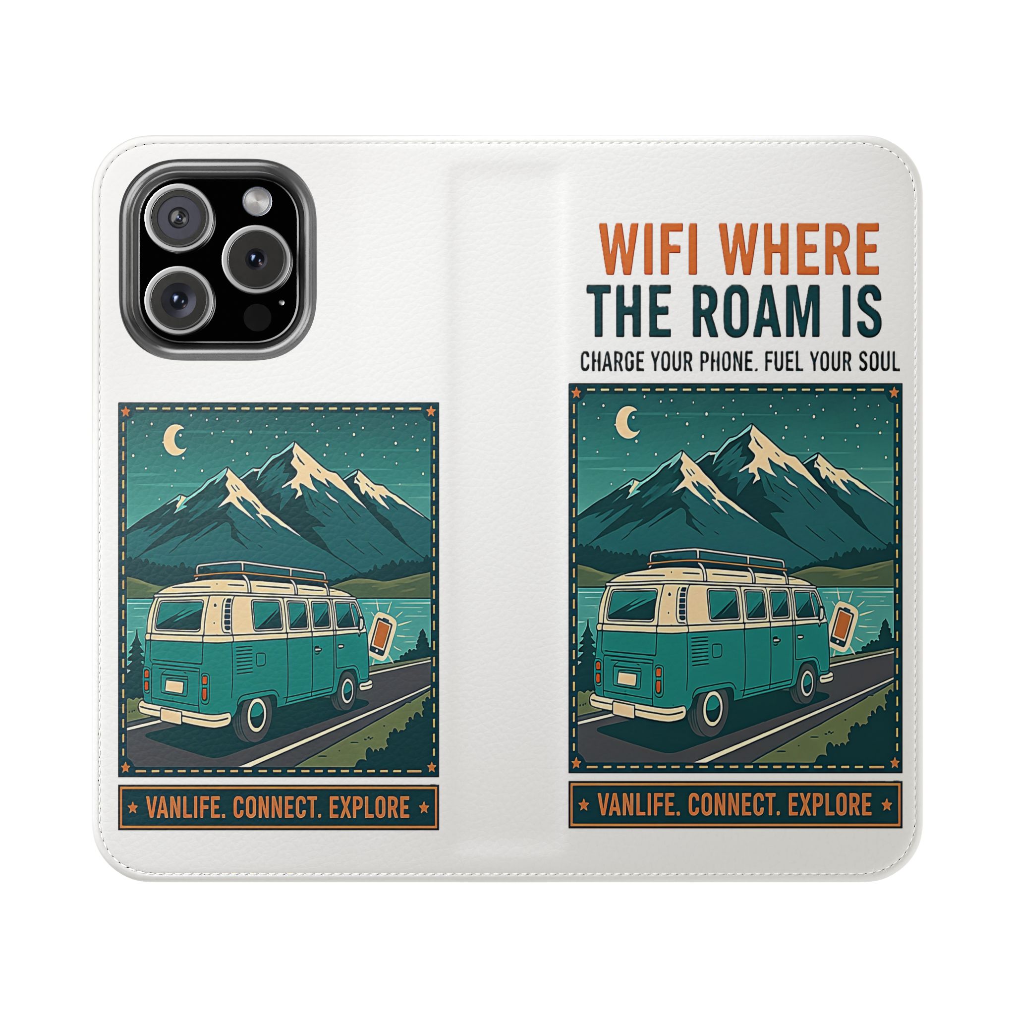 Flip Phone Case — “WiFi Where the Roam Is” Vanlife Wallet Case