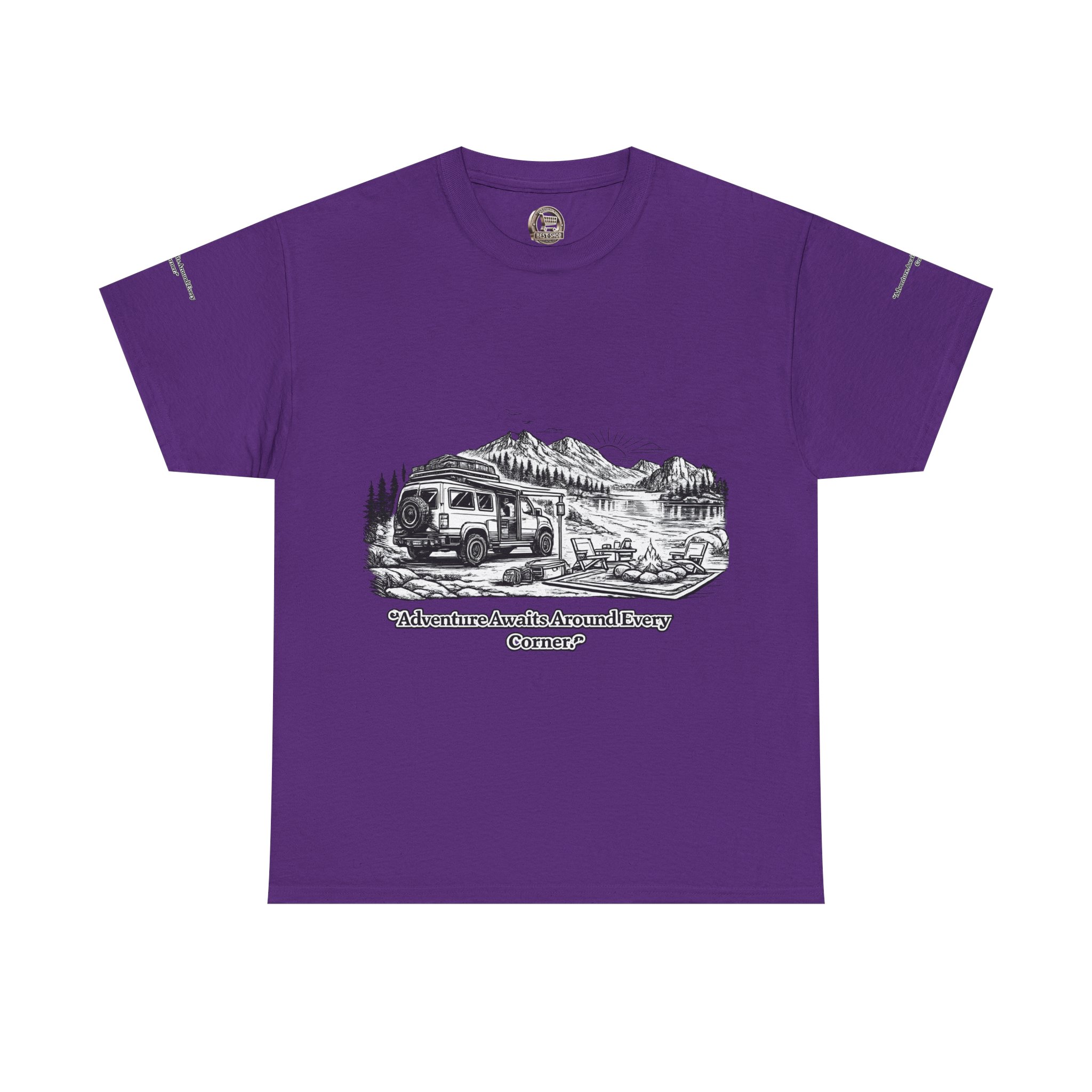 Unisex Heavy Cotton Tee — "Adventure Awaits Around Every Corner" Design Minimal-Line
